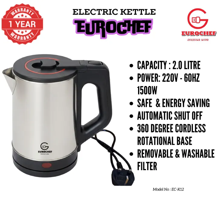 【Limited Offer】 EUROCHEF EC-K12  2 L Stainless steel Electric Cordless Kettle Electric Jug for boiling water Kitchen Appliaance