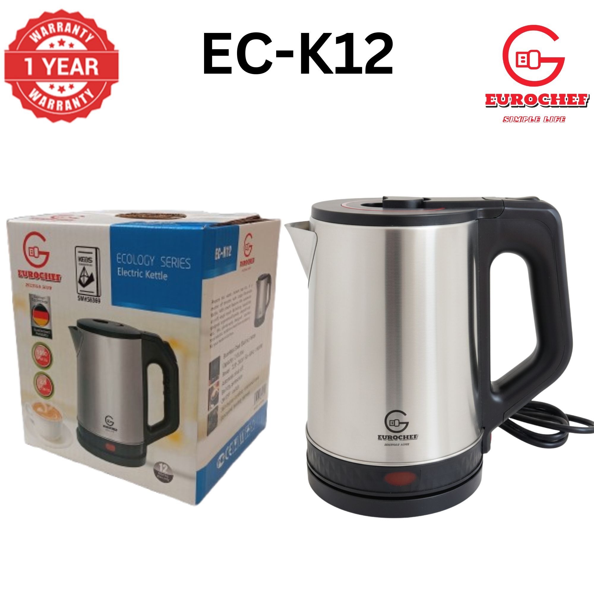 【Limited Offer】 EUROCHEF EC-K12  2 L Stainless steel Electric Cordless Kettle Electric Jug for boiling water Kitchen Appliaance