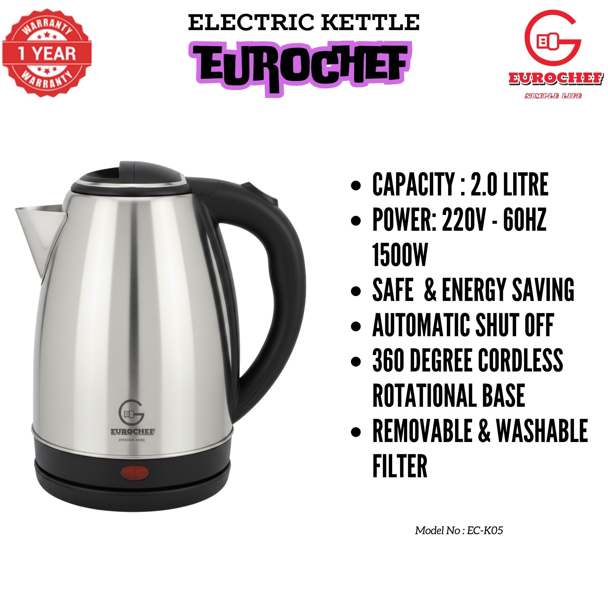【Limited Offer】 Eurochef  EC-K05 2L stainless steel cordless Electric Kettle  jug for boiling water home appliance