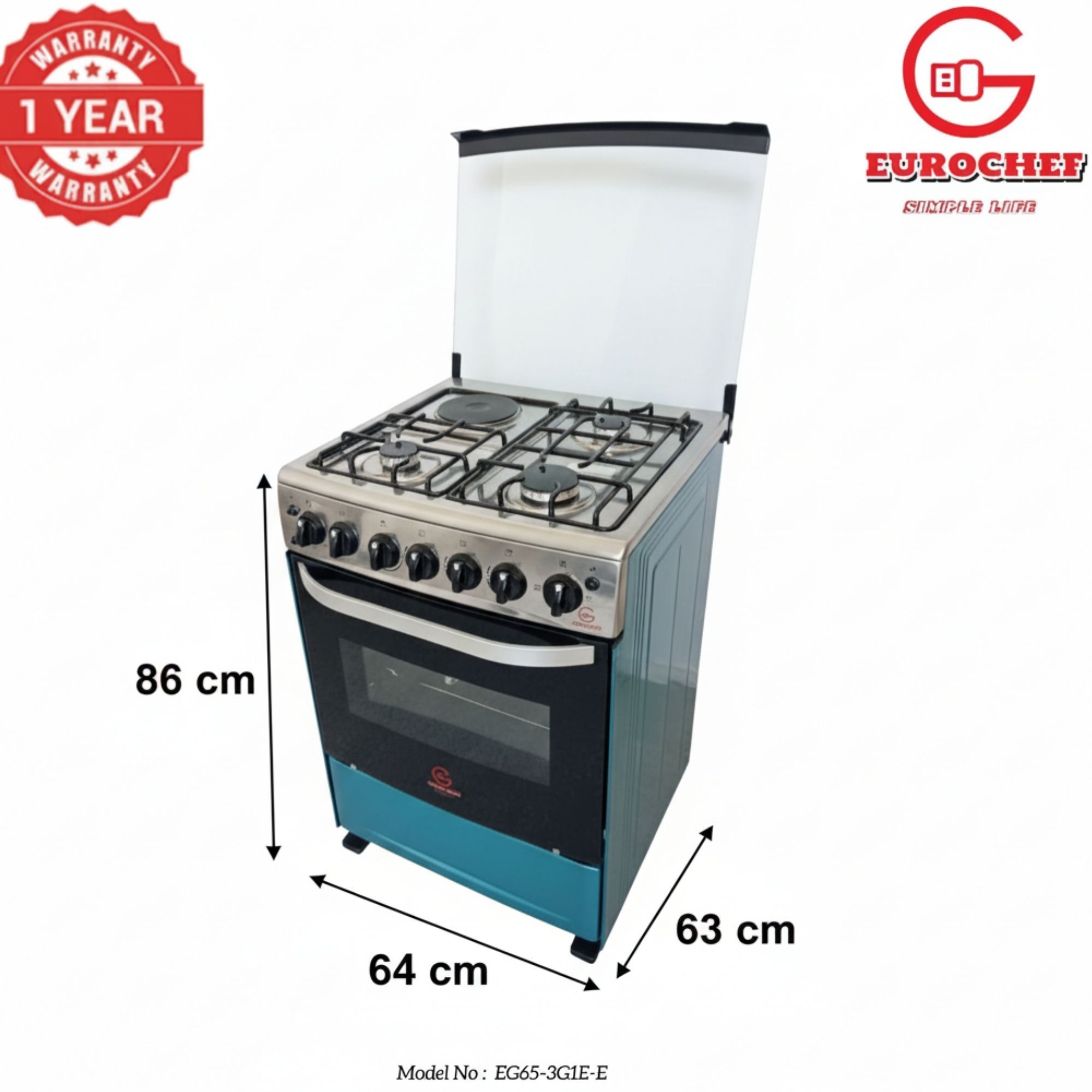 【LIMITED OFFER】 EUROCHEF 60X65 EGT65-3G1E-E Home Improvement 67l  Free Standing Cooker  3 Gas +1 Hotplate Kitchen Appliance With Electric Oven