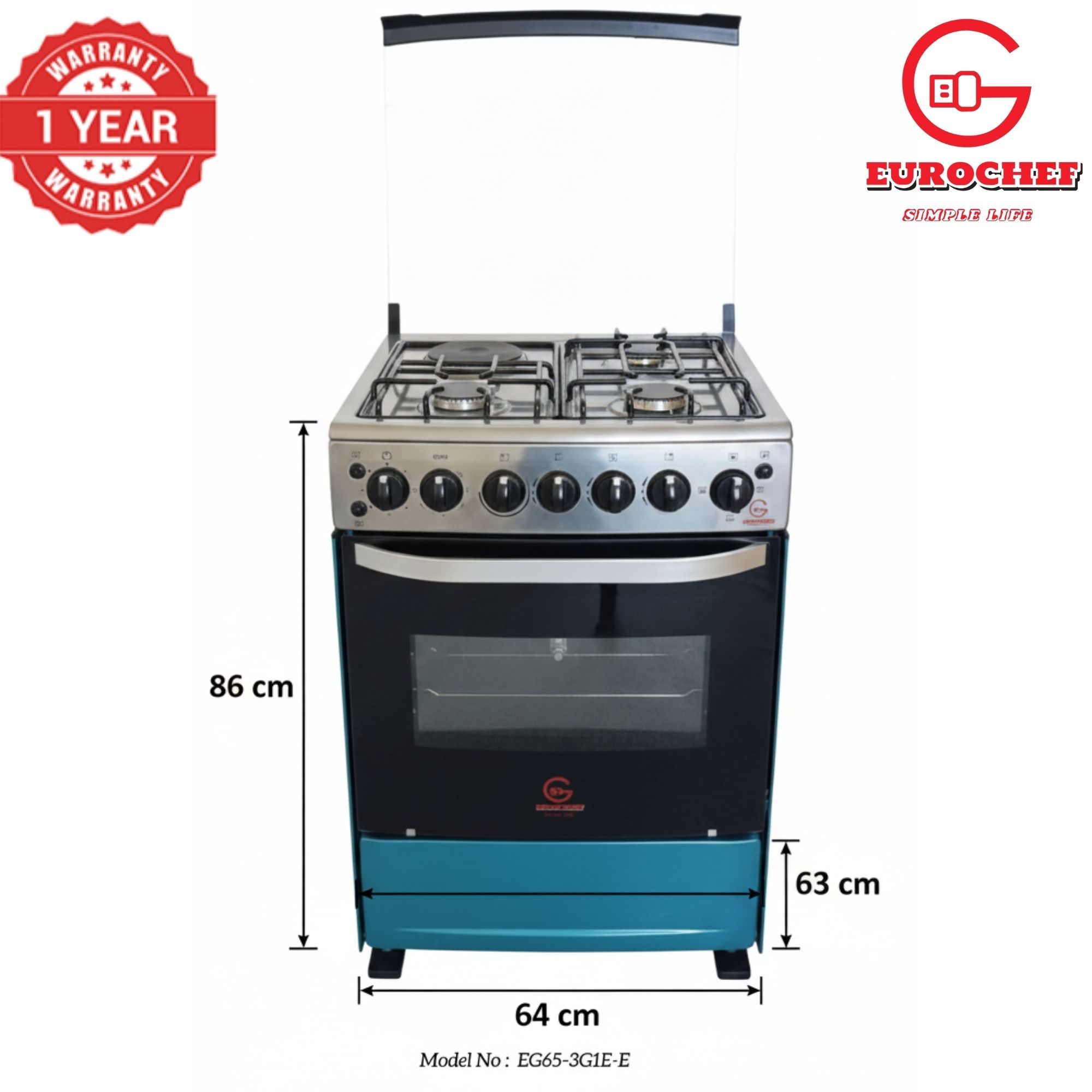 【LIMITED OFFER】 EUROCHEF 60X65 EGT65-3G1E-E Home Improvement 67l  Free Standing Cooker  3 Gas +1 Hotplate Kitchen Appliance With Electric Oven