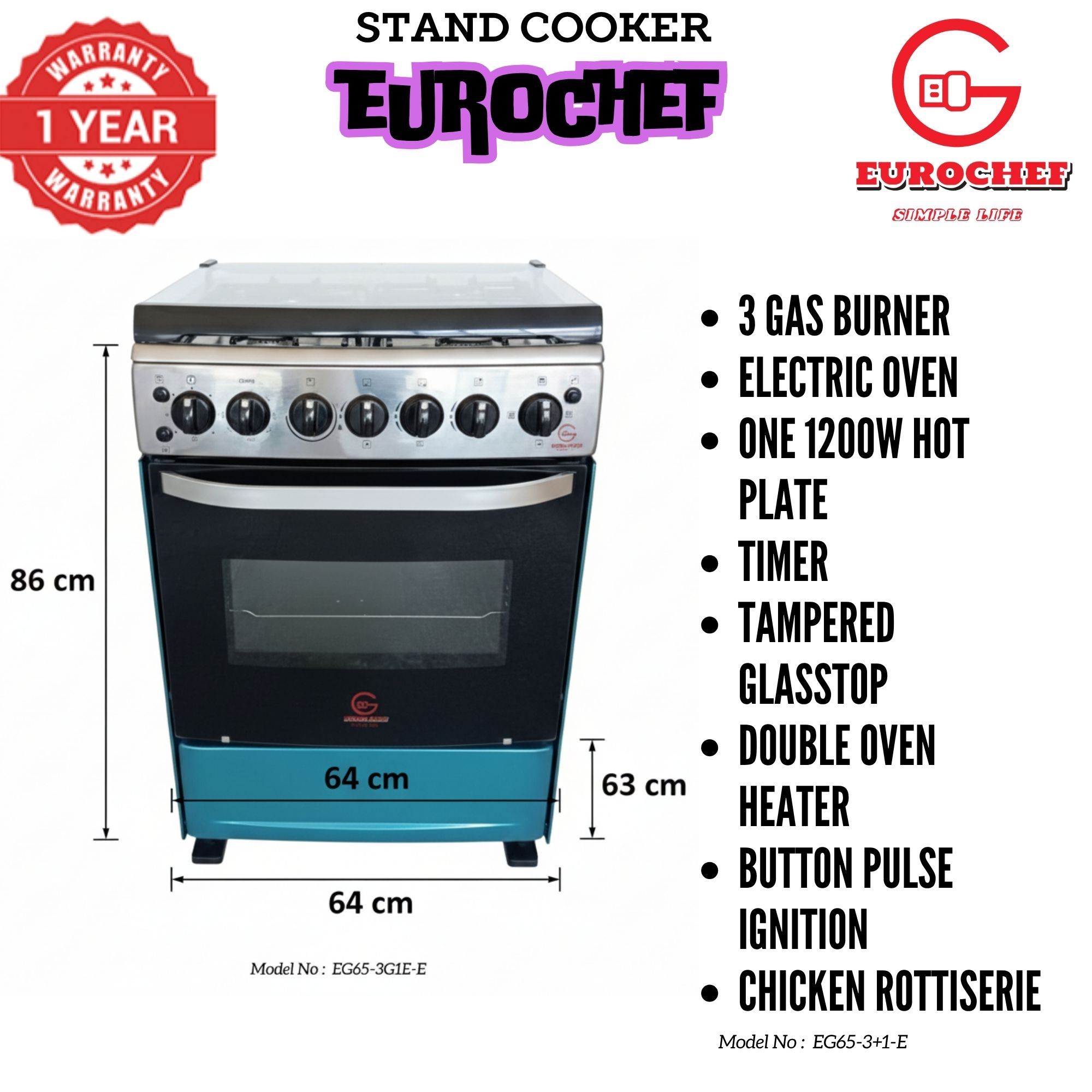 【LIMITED OFFER】 EUROCHEF 60X65 EGT65-3G1E-E Home Improvement 67l  Free Standing Cooker  3 Gas +1 Hotplate Kitchen Appliance With Electric Oven