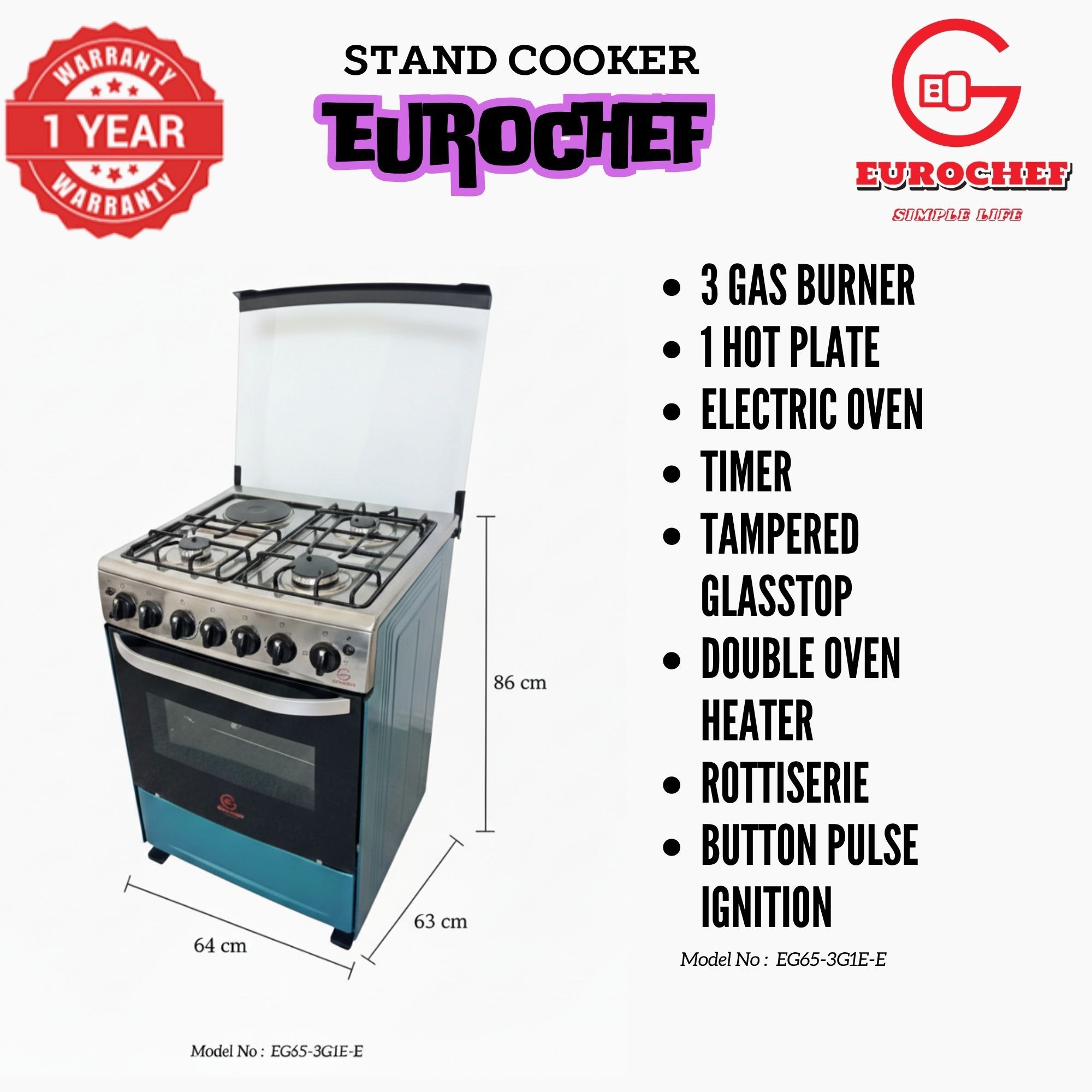 【LIMITED OFFER】 EUROCHEF 60X65 EGT65-3G1E-E Home Improvement 67l  Free Standing Cooker  3 Gas +1 Hotplate Kitchen Appliance With Electric Oven