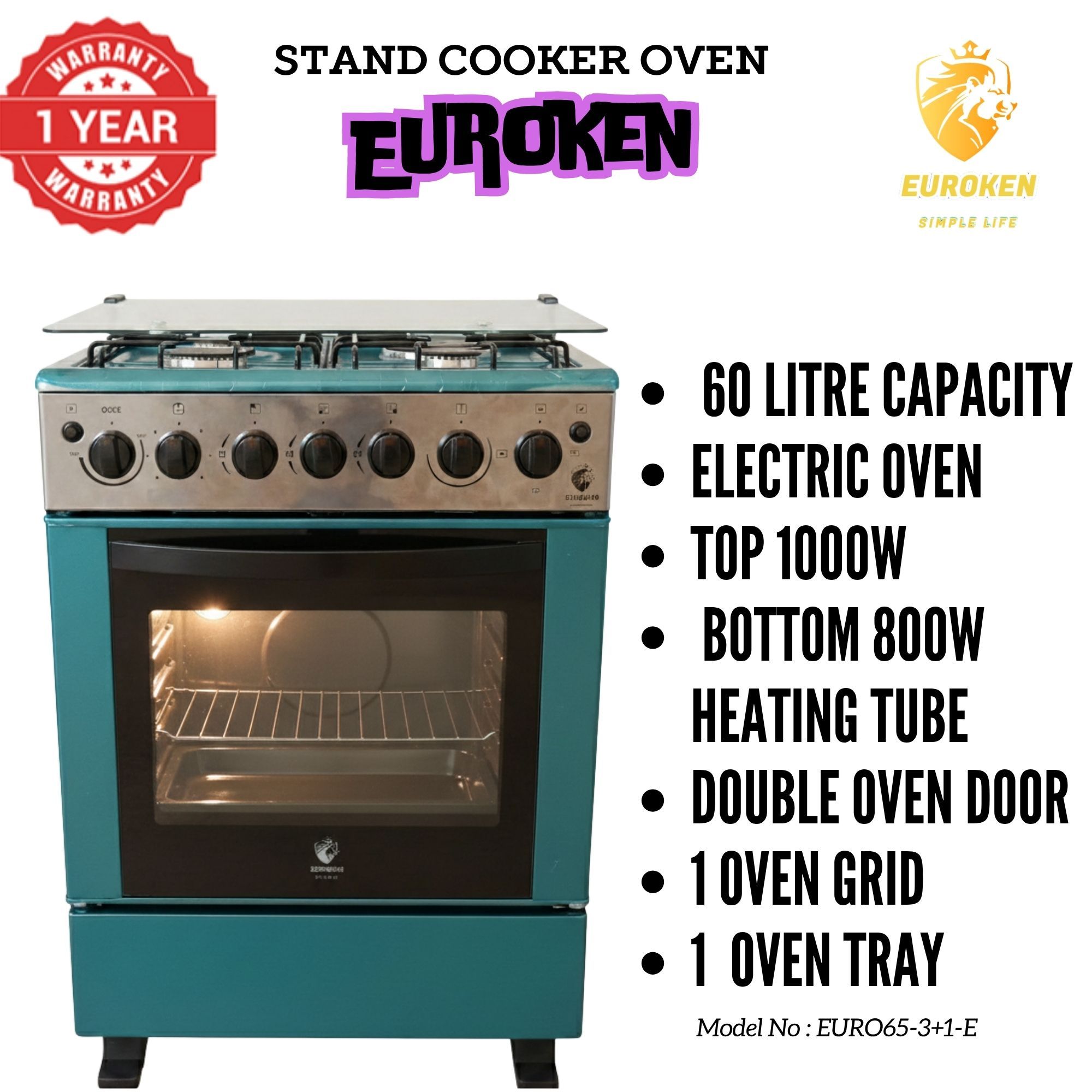 【LIMITED OFFER】 Euroken Euro65-3+1E-E  60l Home Improvement  Free Standing Cooker  3 Gas +1 Hotplate Kitchen Appliance With Electric Oven - 60x65cm