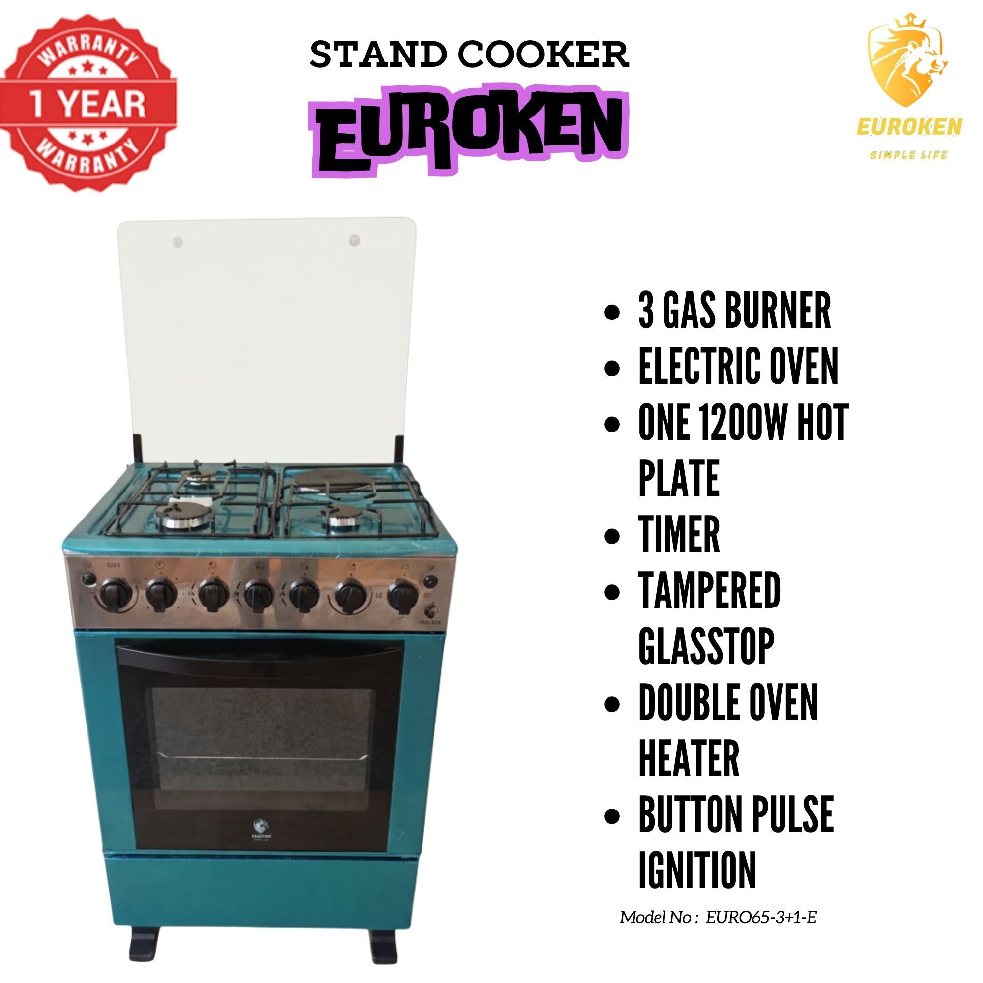 【LIMITED OFFER】 Euroken Euro65-3+1E-E  60l Home Improvement  Free Standing Cooker  3 Gas +1 Hotplate Kitchen Appliance With Electric Oven - 60x65cm