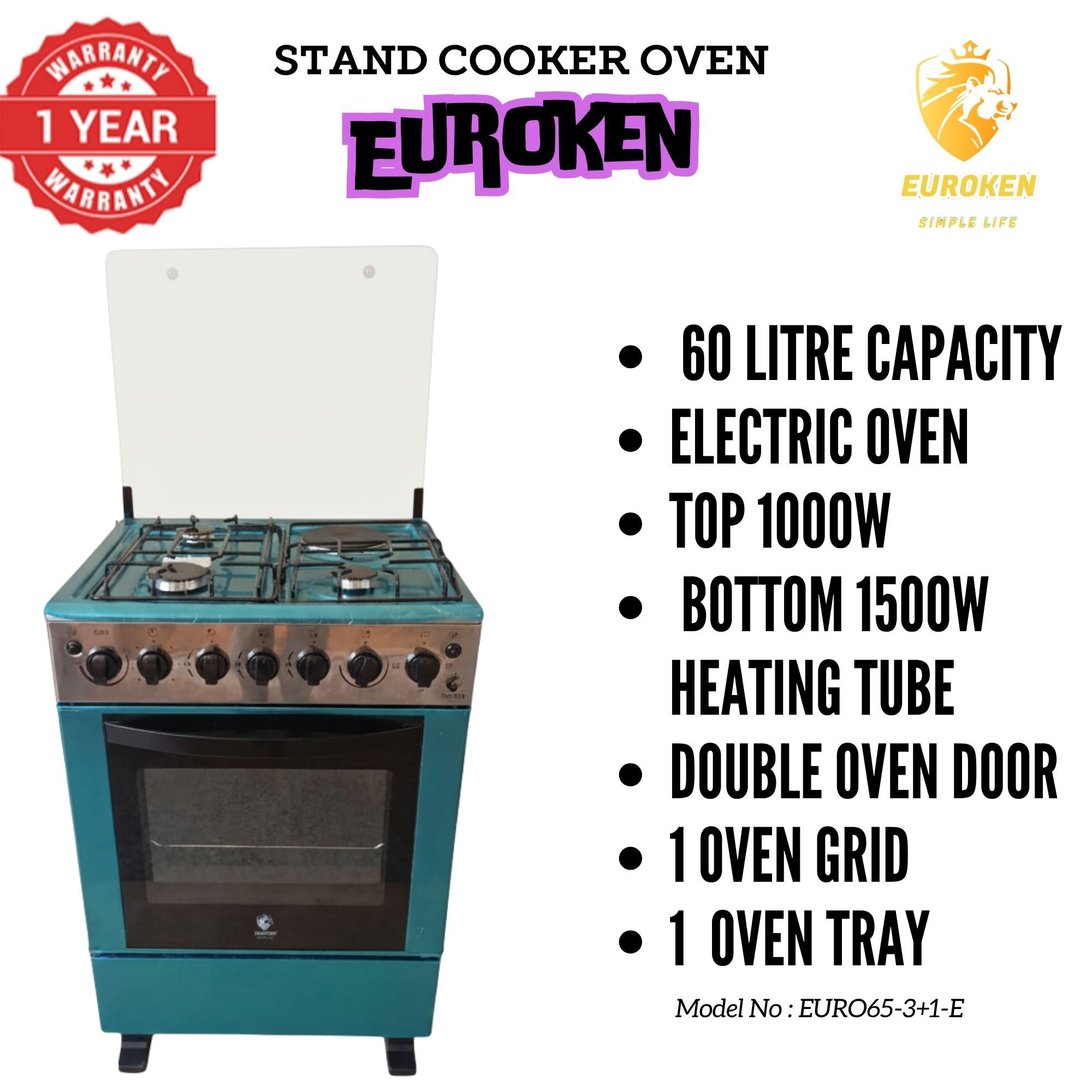【LIMITED OFFER】 Euroken Euro65-3+1E-E  60l Home Improvement  Free Standing Cooker  3 Gas +1 Hotplate Kitchen Appliance With Electric Oven - 60x65cm