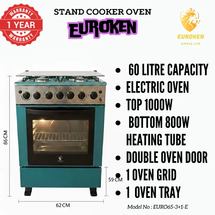 【LIMITED OFFER】 Euroken Euro65-3+1E-E  60l Home Improvement  Free Standing Cooker  3 Gas +1 Hotplate Kitchen Appliance With Electric Oven - 60x65cm