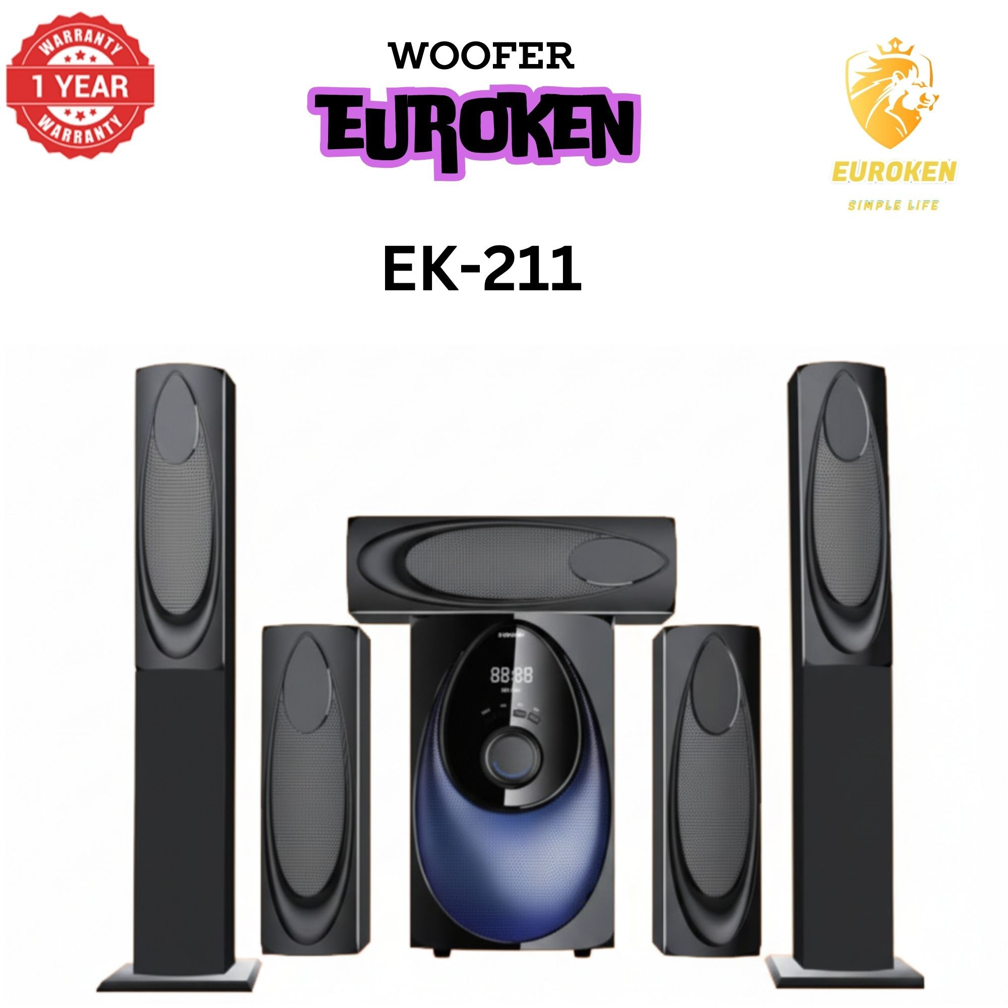 【Limited Offer】New Euroken Home Theatre System EK-211 5 In 1 Tall Boy Ac  12,000W PMPO With Bluetooth FM USB SD Mem Card Support With Super Bass Boost