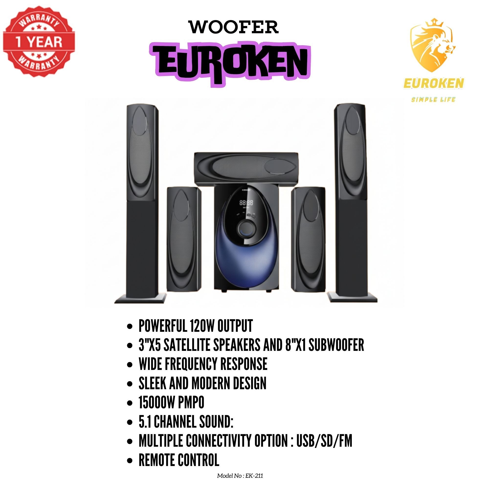 【Limited Offer】New Euroken Home Theatre System EK-211 5 In 1 Tall Boy Ac  12,000W PMPO With Bluetooth FM USB SD Mem Card Support With Super Bass Boost