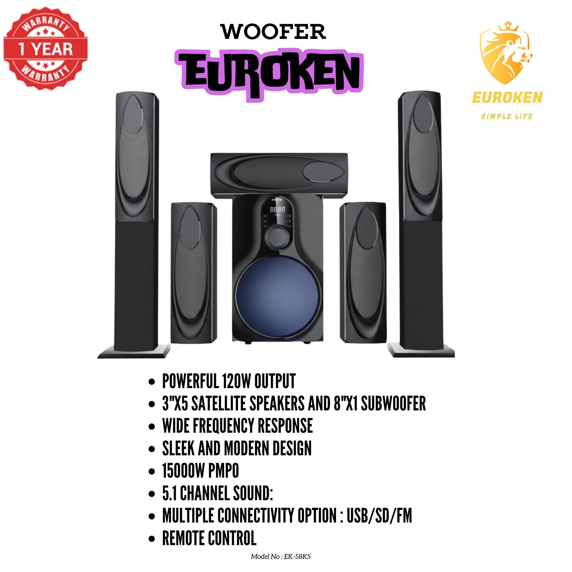 【Limited Offer】New Euroken EK-58K5 Home Theatre System 5 in 1 Tall Boys 15,000 PMPO with Bluetooth ?FM/SD Mem card Support with Super Bass Boost