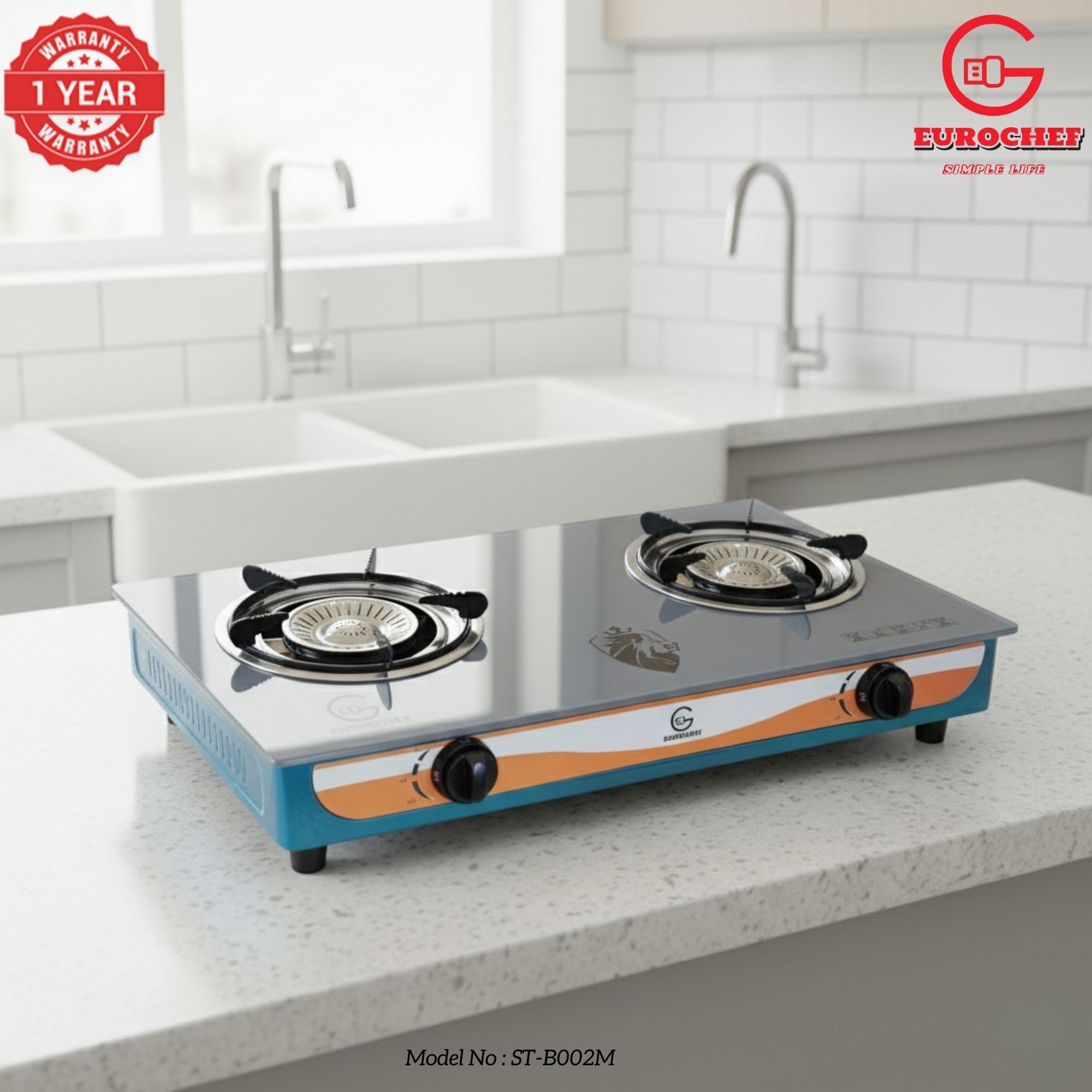 【Limited Offer】EUROCHEF ST-B002M Tornado Design Burner Two Burner Glass Top Table Cooker -Grey