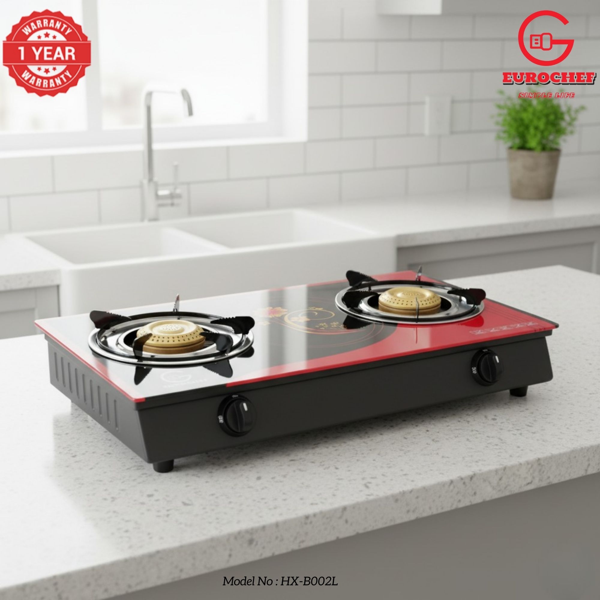 【Limited Offer】Eurochef HX-B002L Two Burner Glass Top Table Cooker Red
