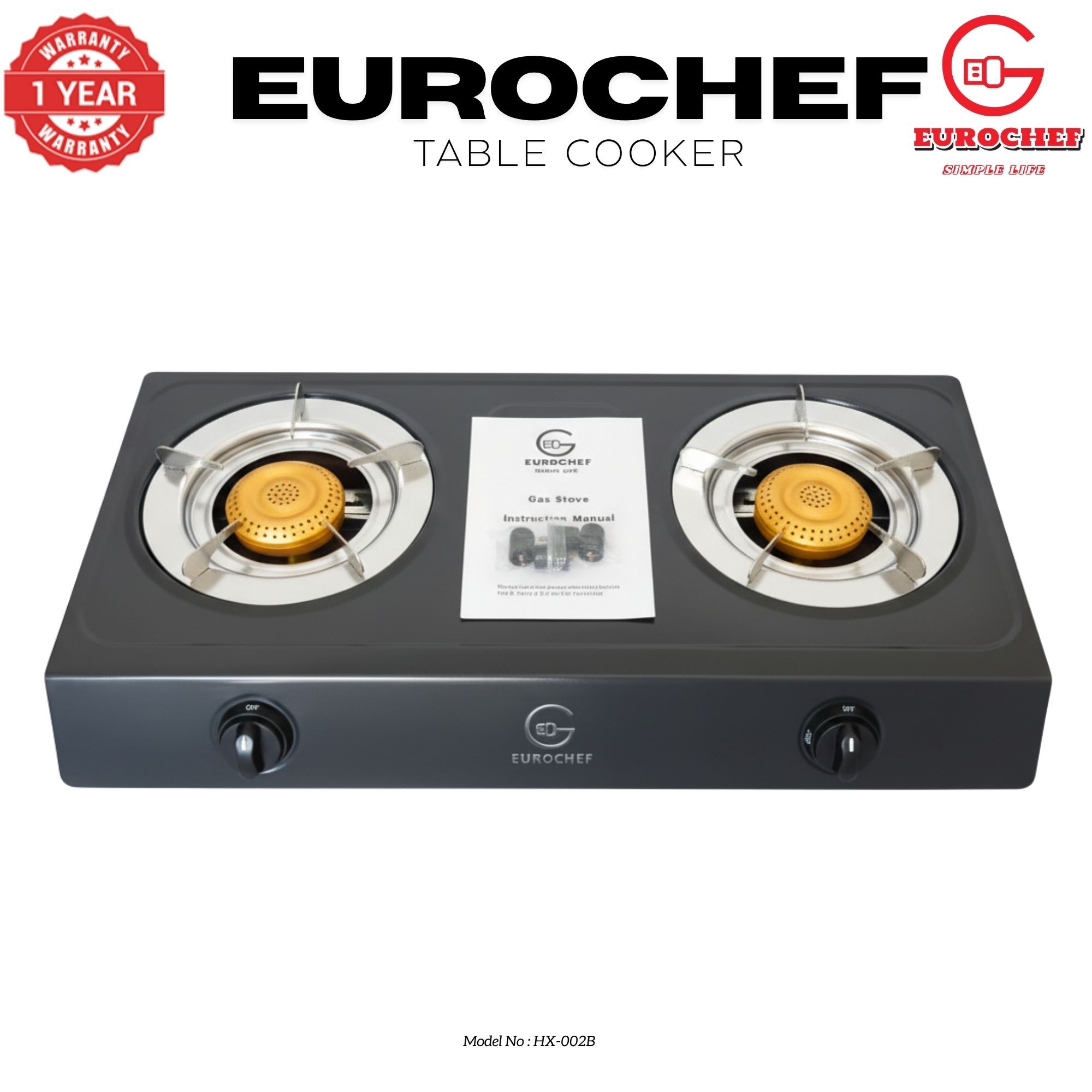 【Limited Offer】 EUROCHEF HX-002B  Table Top Stainless Steel 2 Burner Kitchen Appliance Cooktop Gas Cooker