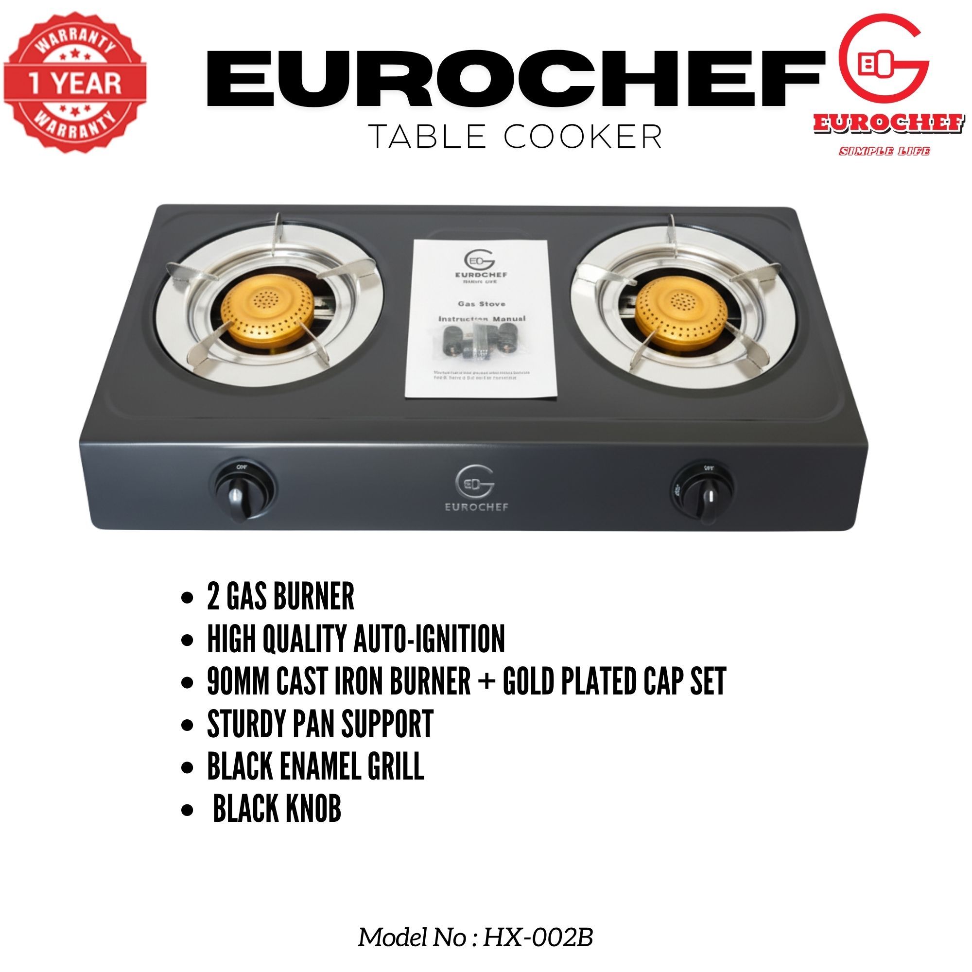 【Limited Offer】 EUROCHEF HX-002B  Table Top Stainless Steel 2 Burner Kitchen Appliance Cooktop Gas Cooker