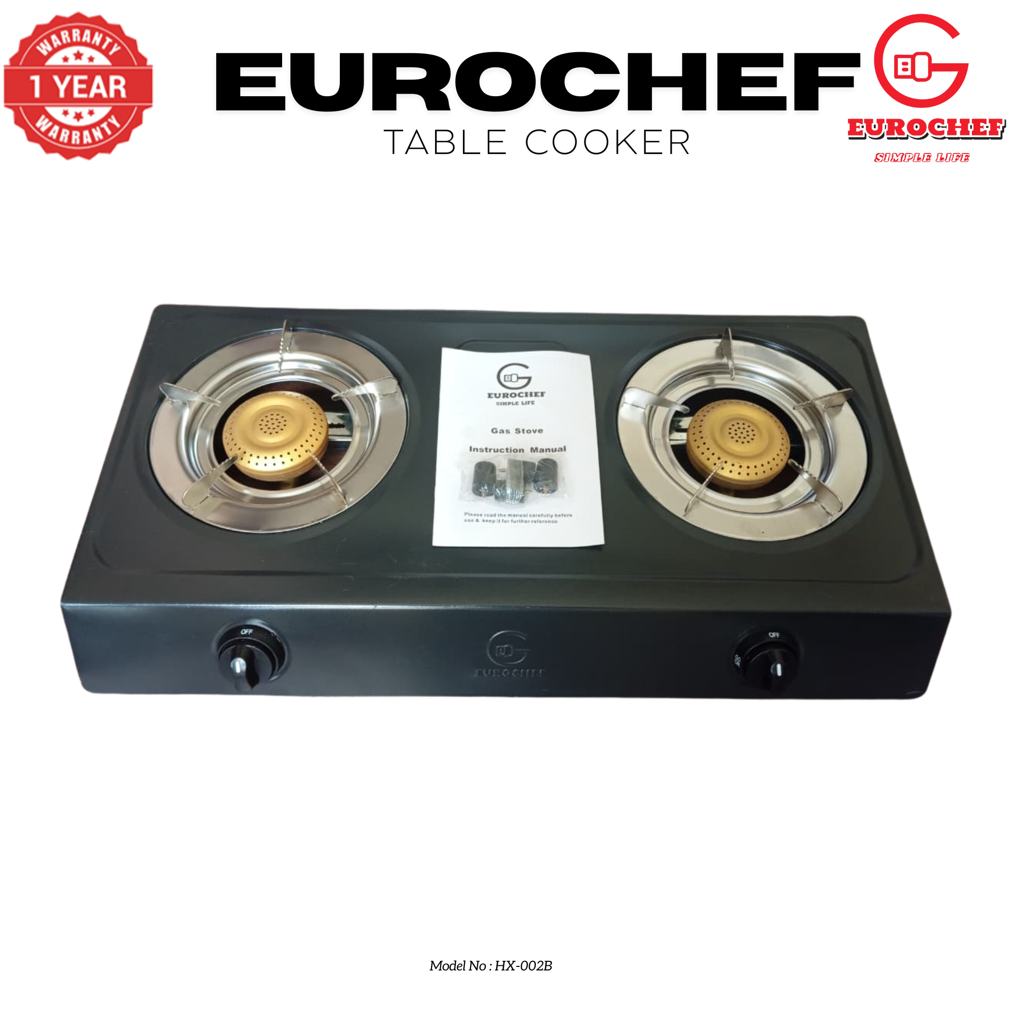 【Limited Offer】 EUROCHEF HX-002B  Table Top Stainless Steel 2 Burner Kitchen Appliance Cooktop Gas Cooker