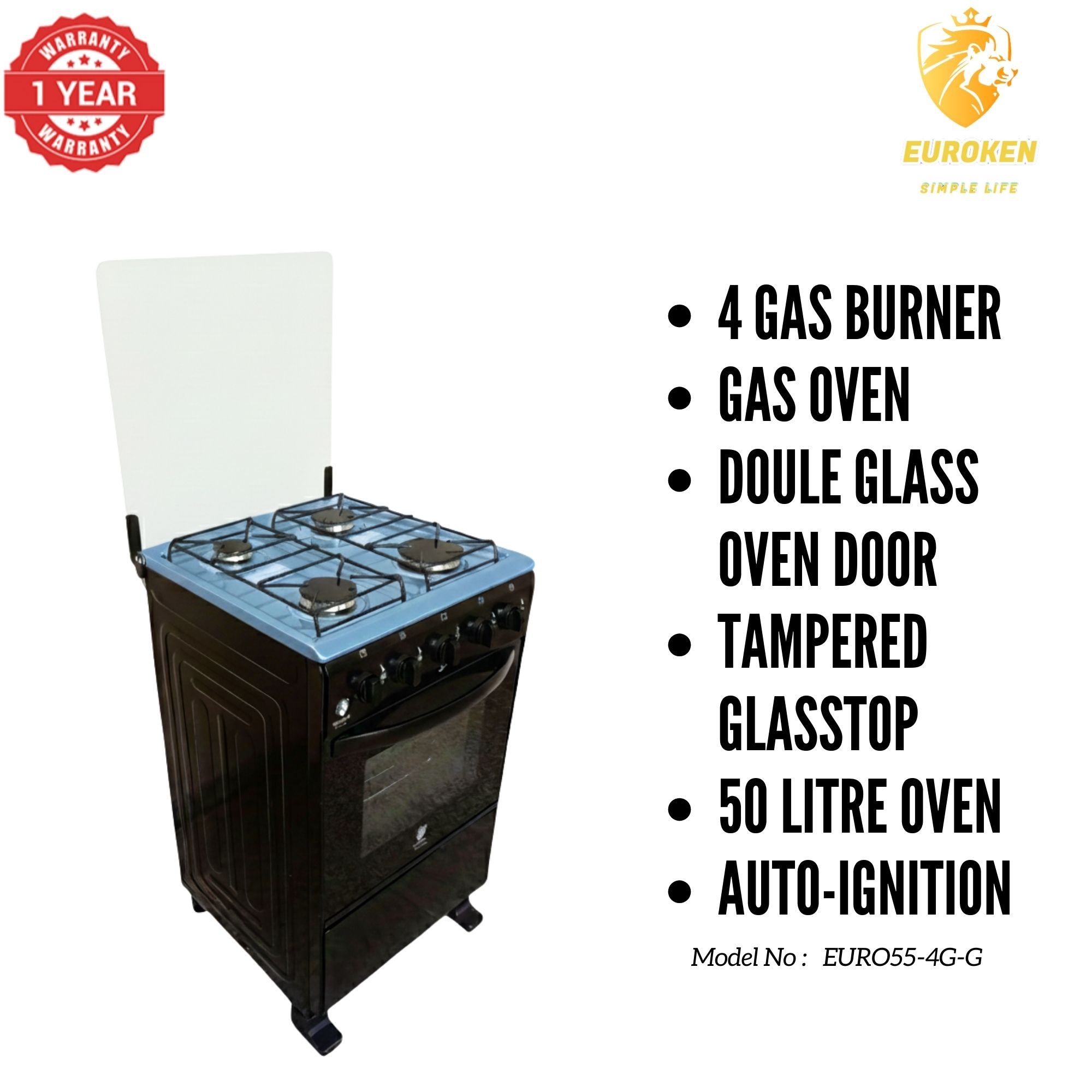 【LIMITED OFFER】Euroken Euro55-4G-G 50L Home Improvement Free Standing Full Gas Cooker Kitchen Appliance With Gas Oven 4 Burners 50X55Cm