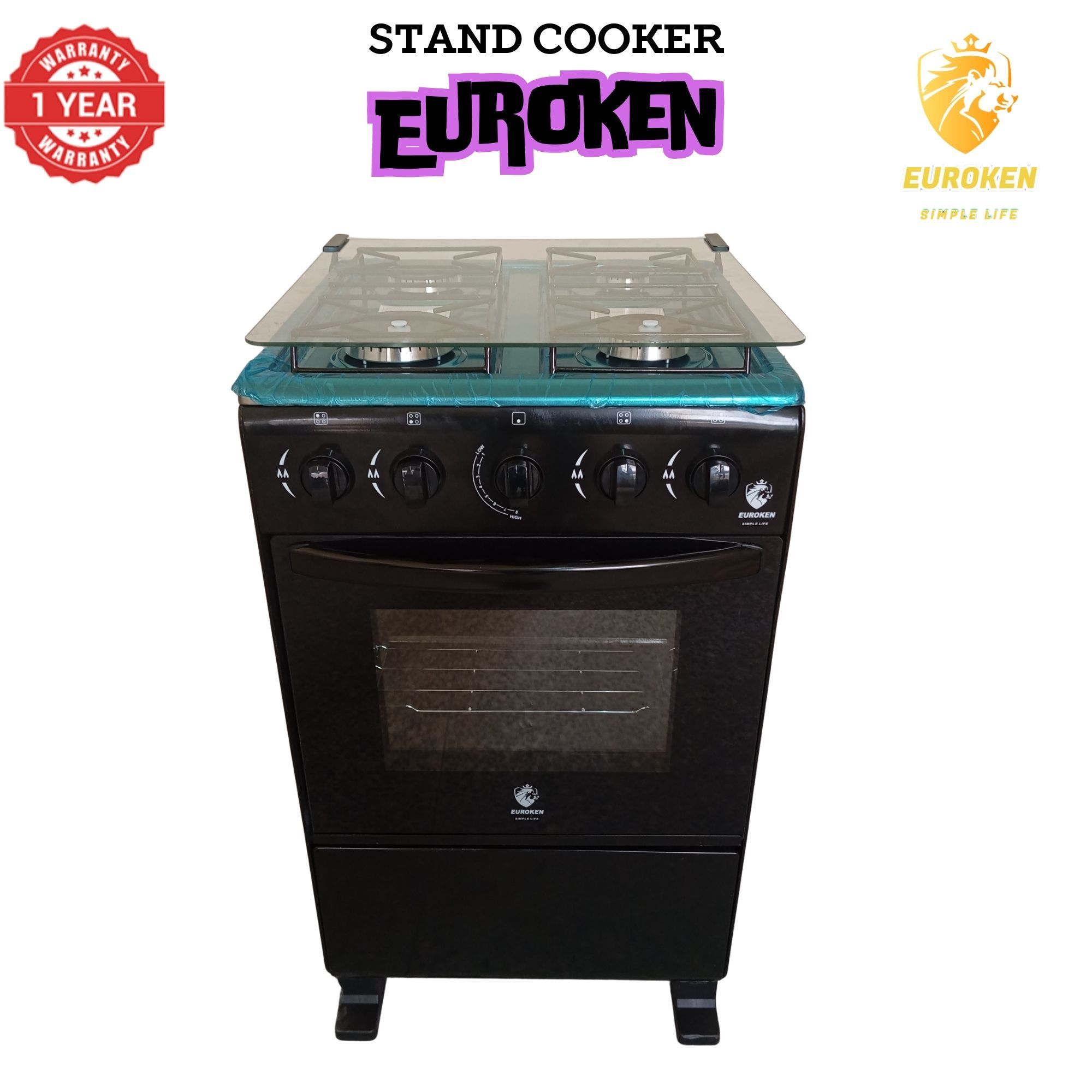 【LIMITED OFFER】Euroken Euro55-4G-G 50L Home Improvement Free Standing Full Gas Cooker Kitchen Appliance With Gas Oven 4 Burners 50X55Cm