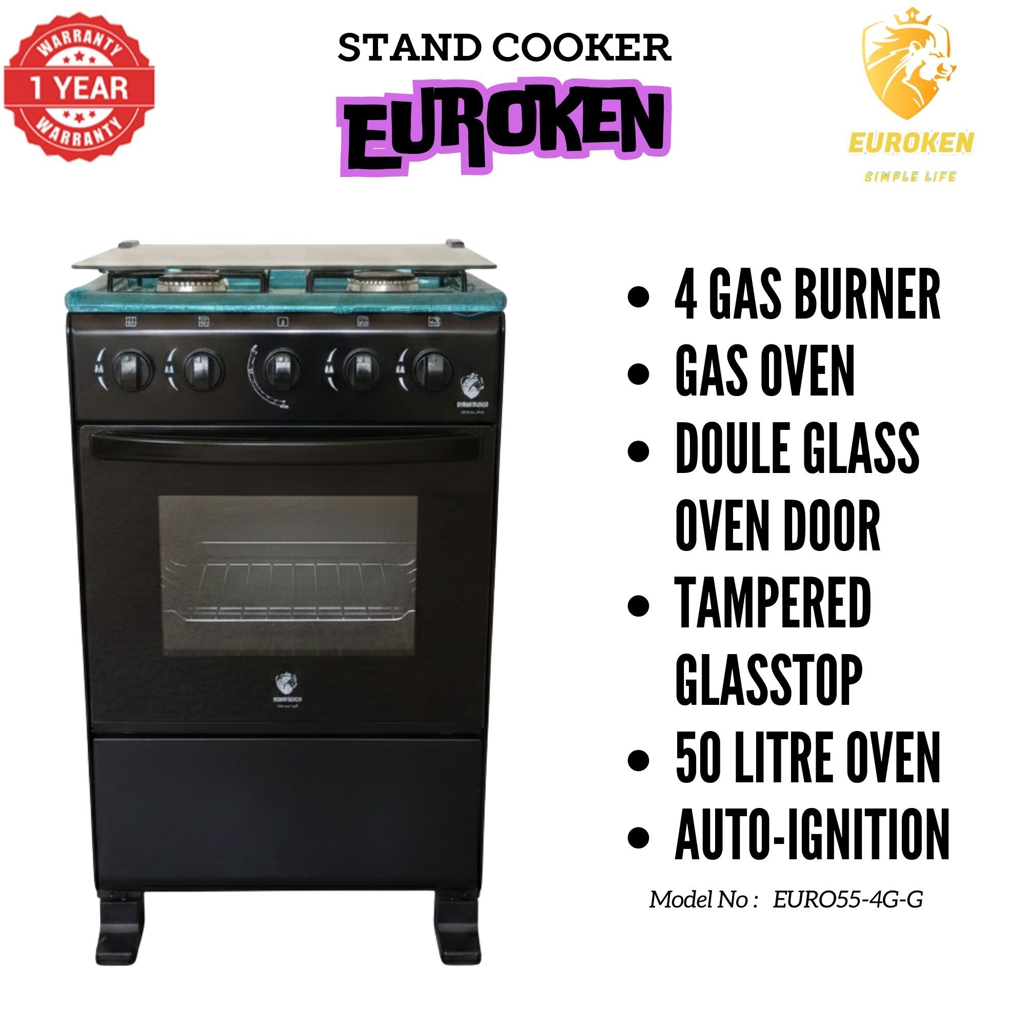 【LIMITED OFFER】Euroken Euro55-4G-G 50L Home Improvement Free Standing Full Gas Cooker Kitchen Appliance With Gas Oven 4 Burners 50X55Cm