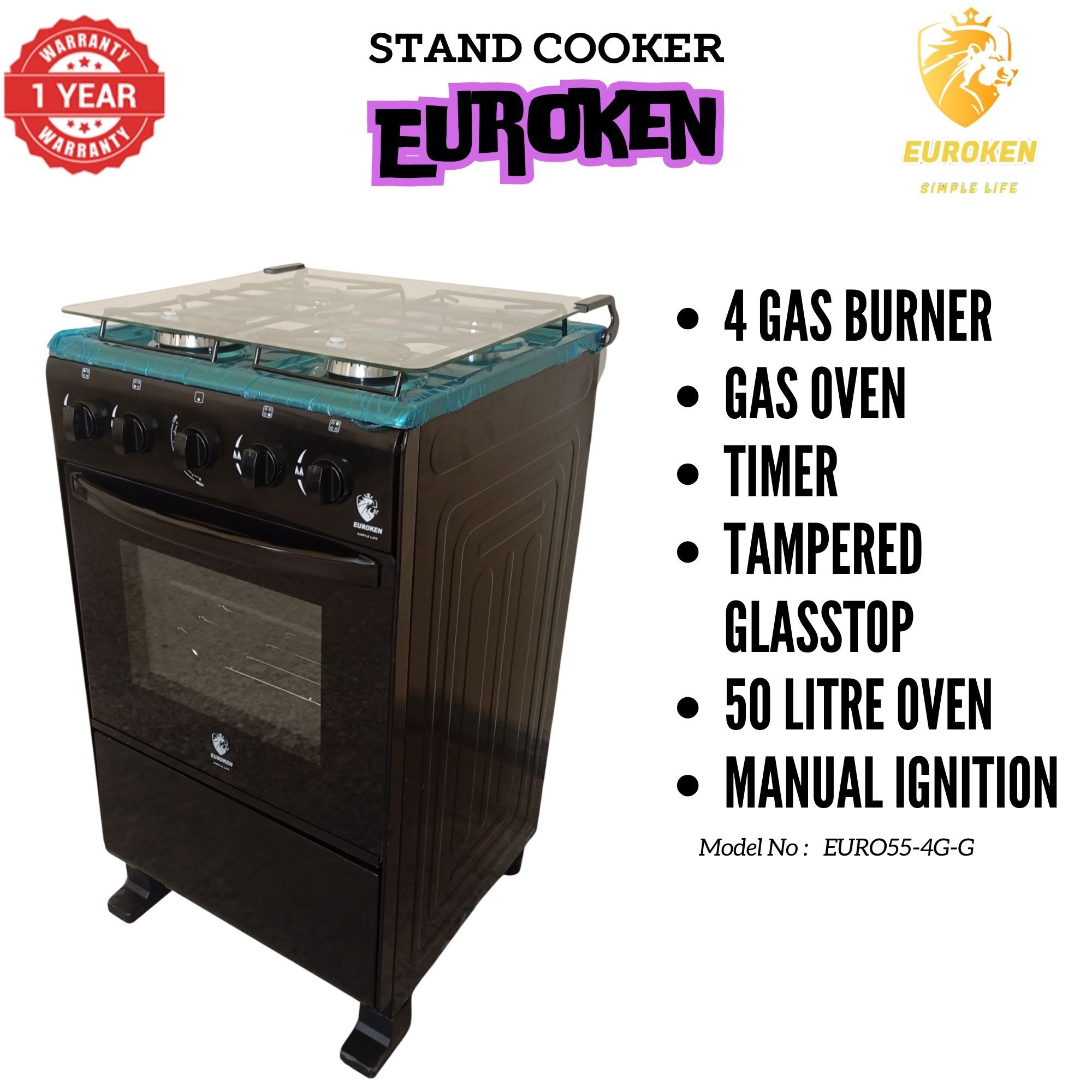 【LIMITED OFFER】Euroken Euro55-4G-G 50L Home Improvement Free Standing Full Gas Cooker Kitchen Appliance With Gas Oven 4 Burners 50X55Cm