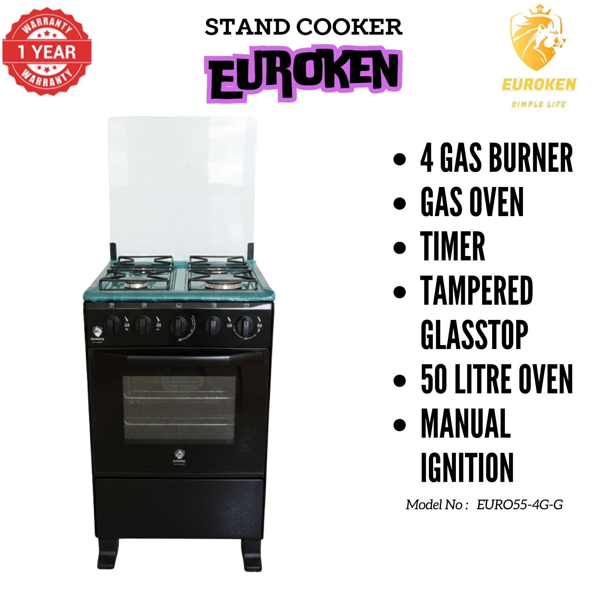 【LIMITED OFFER】Euroken Euro55-4G-G 50L Home Improvement Free Standing Full Gas Cooker Kitchen Appliance With Gas Oven 4 Burners 50X55Cm