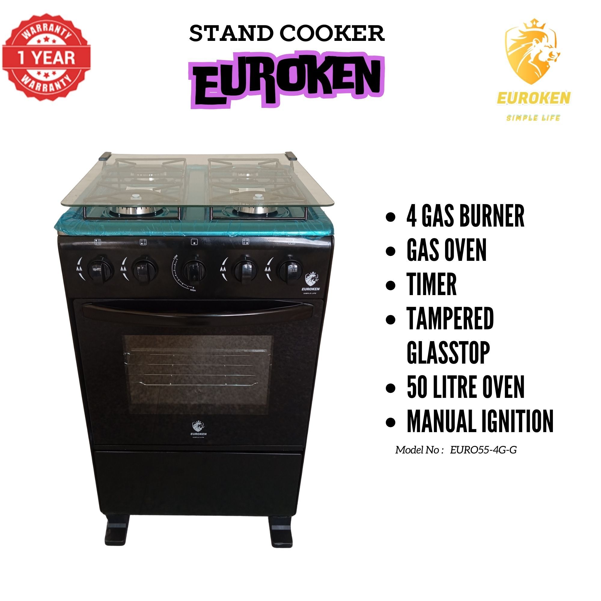 【LIMITED OFFER】Euroken Euro55-4G-G 50L Home Improvement Free Standing Full Gas Cooker Kitchen Appliance With Gas Oven 4 Burners 50X55Cm