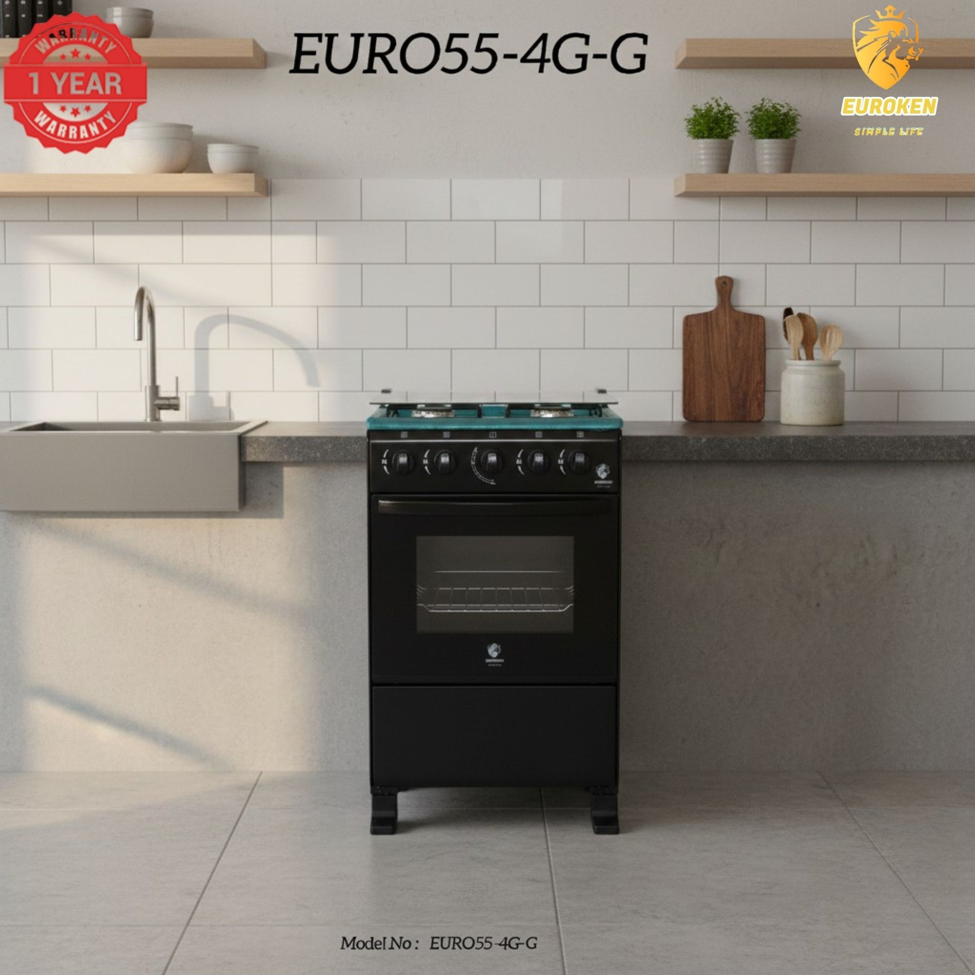 【LIMITED OFFER】Euroken Euro55-4G-G 50L Home Improvement Free Standing Full Gas Cooker Kitchen Appliance With Gas Oven 4 Burners 50X55Cm