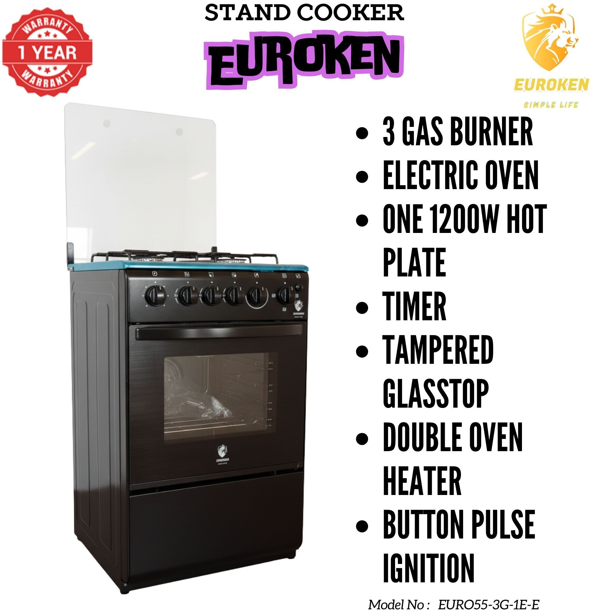 【LIMITED OFFER】 Euroken Euro55-3G1E-E  50L Home Improvement   Free Standing  Cooker 3 GAS +1 Hot plate Kitchen Appliance with electric oven - 50X55CM