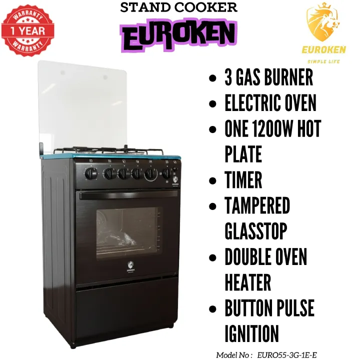 【LIMITED OFFER】 Euroken Euro55-3G1E-E  50L Home Improvement   Free Standing  Cooker 3 GAS +1 Hot plate Kitchen Appliance with electric oven - 50X55CM