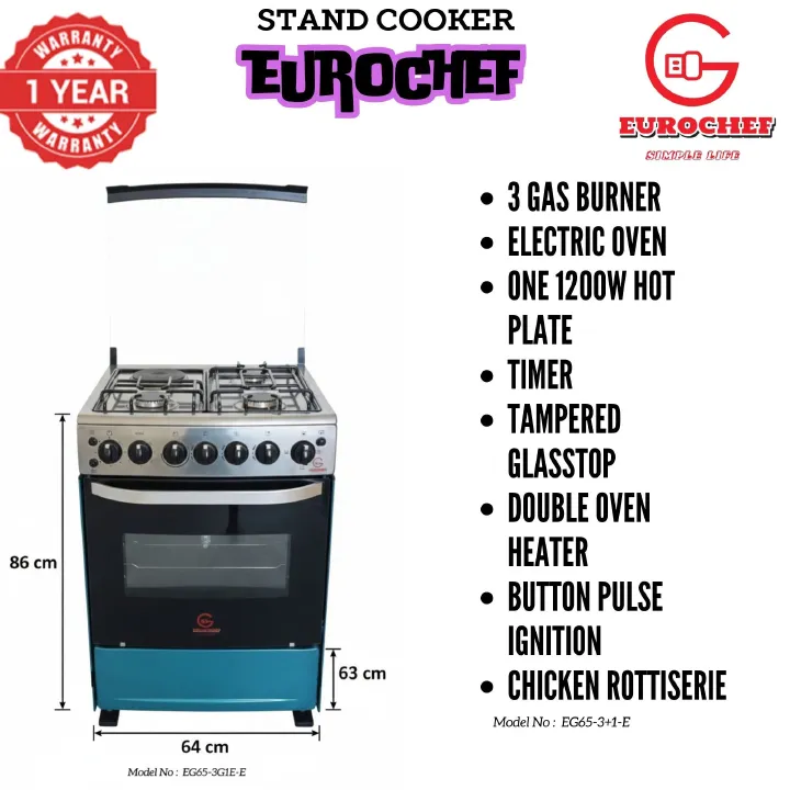 【LIMITED OFFER】 EUROCHEF 60X65 EGT65-3G1E-E Home Improvement 67l  Free Standing Cooker  3 Gas +1 Hotplate Kitchen Appliance With Electric Oven