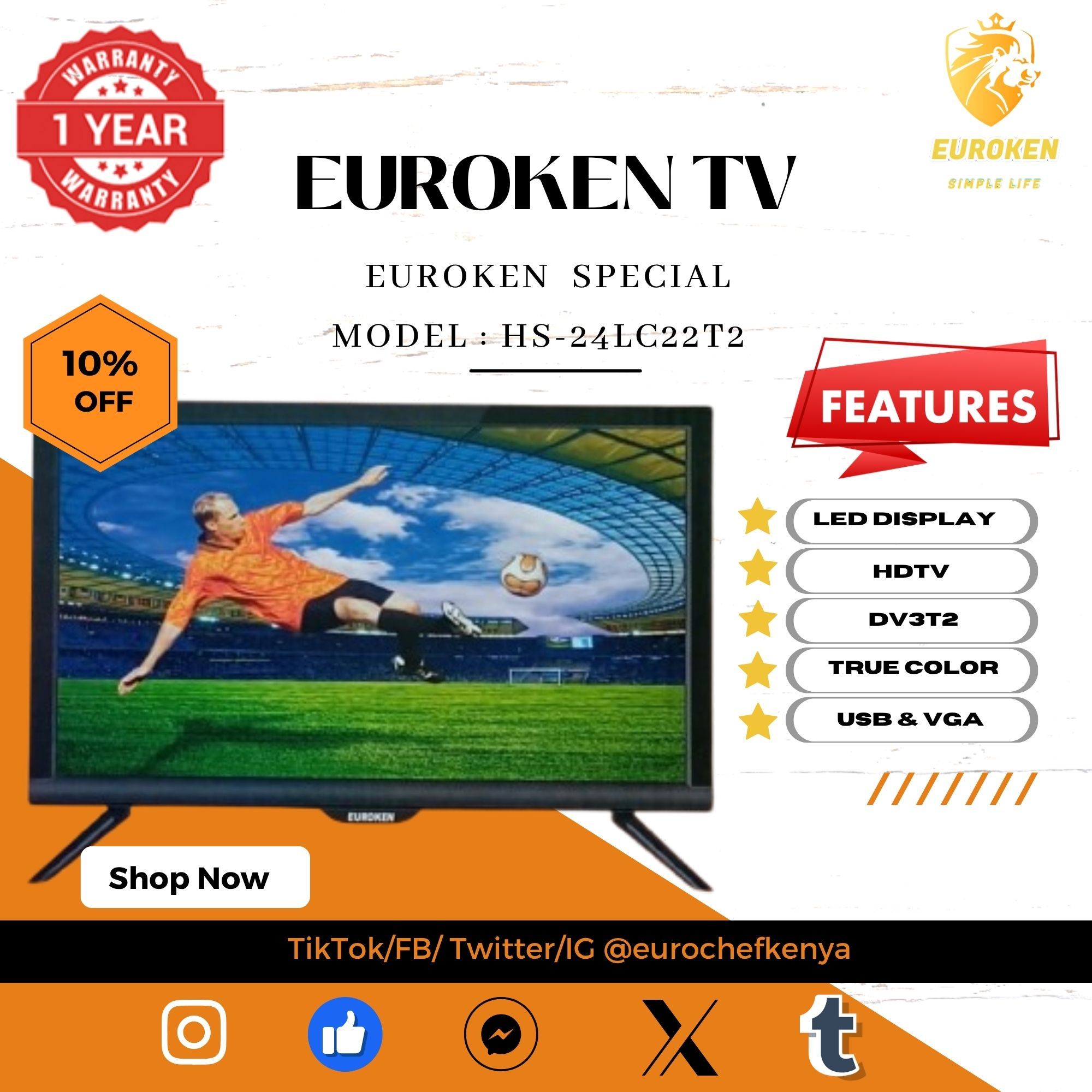 【Limited Offer】 EUROKEN HS-24LC22T2 22" INCH FULL SCREEN DISPLAY TELEVISION AC/DC DIGITAL LED TV WITH INBUILT DECODER FOR LOCAL CHANNELS WIDE COLOR ENHANCER, USB HDMI PORTS