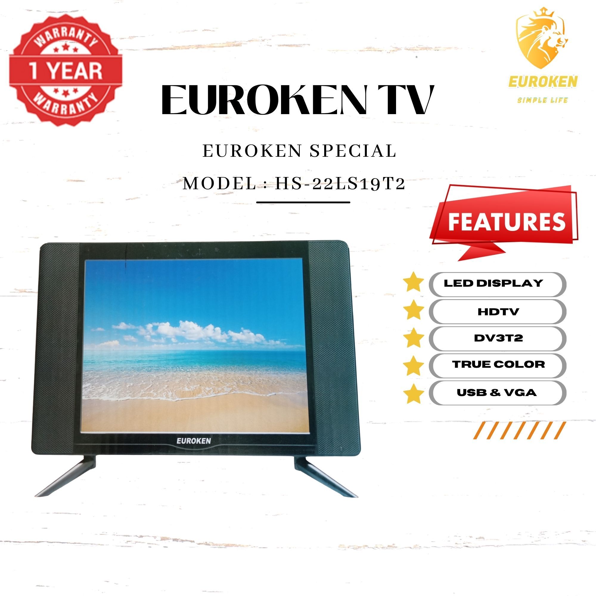 【Limited Offer】 EUROKEN HS-22LS19T2 19" INCH FULL SCREEN DISPLAY TELEVISION AC/DC DIGITAL LED TV WITH INBUILT DECODER FOR LOCAL CHANNELS WIDE COLOR ENHANCER, USB HDMI PORTS
