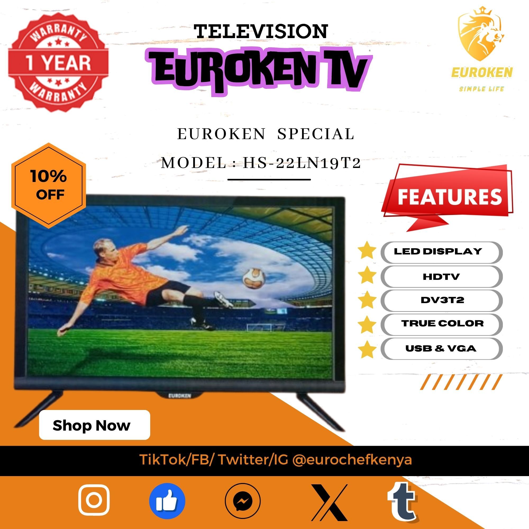 【Limited Offer】 EUROKEN HS-22LN19T2 19" INCH FULL SCREEN DISPLAY TELEVISION AC/DC DIGITAL LED TV WITH INBUILT DECODER FOR LOCAL CHANNELS WIDE  COLOR ENHANCER, USB HDMI PORTS