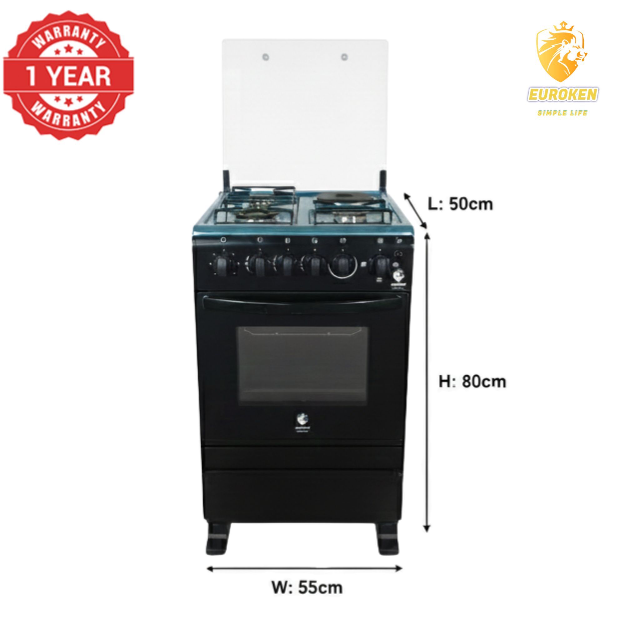 【LIMITED OFFER】 Euroken Euro55-3G1E-E  50L Home Improvement   Free Standing  Cooker 3 GAS +1 Hot plate Kitchen Appliance with electric oven - 50X55CM