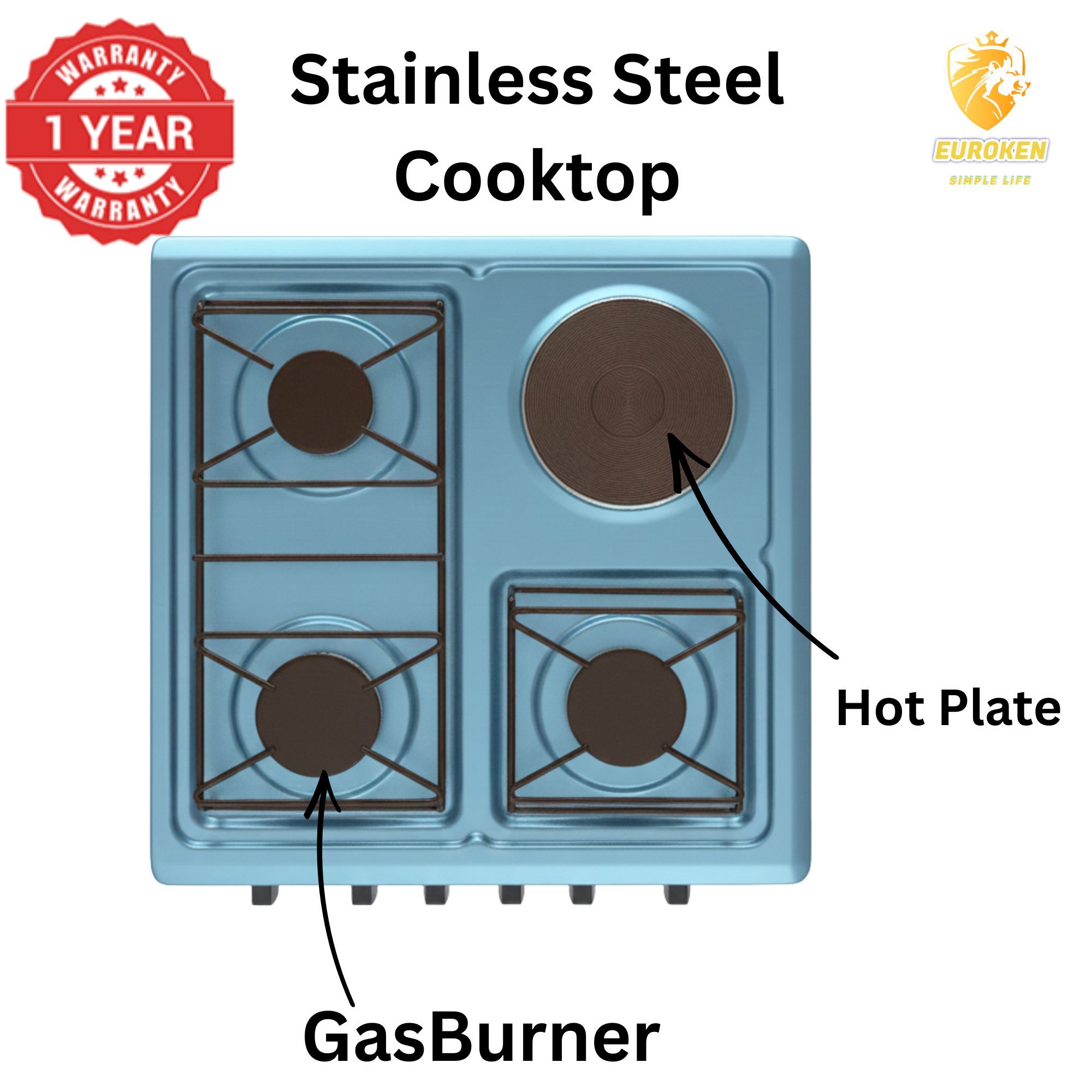 【LIMITED OFFER】 Euroken Euro55-3G1E-E  50L Home Improvement   Free Standing  Cooker 3 GAS +1 Hot plate Kitchen Appliance with electric oven - 50X55CM