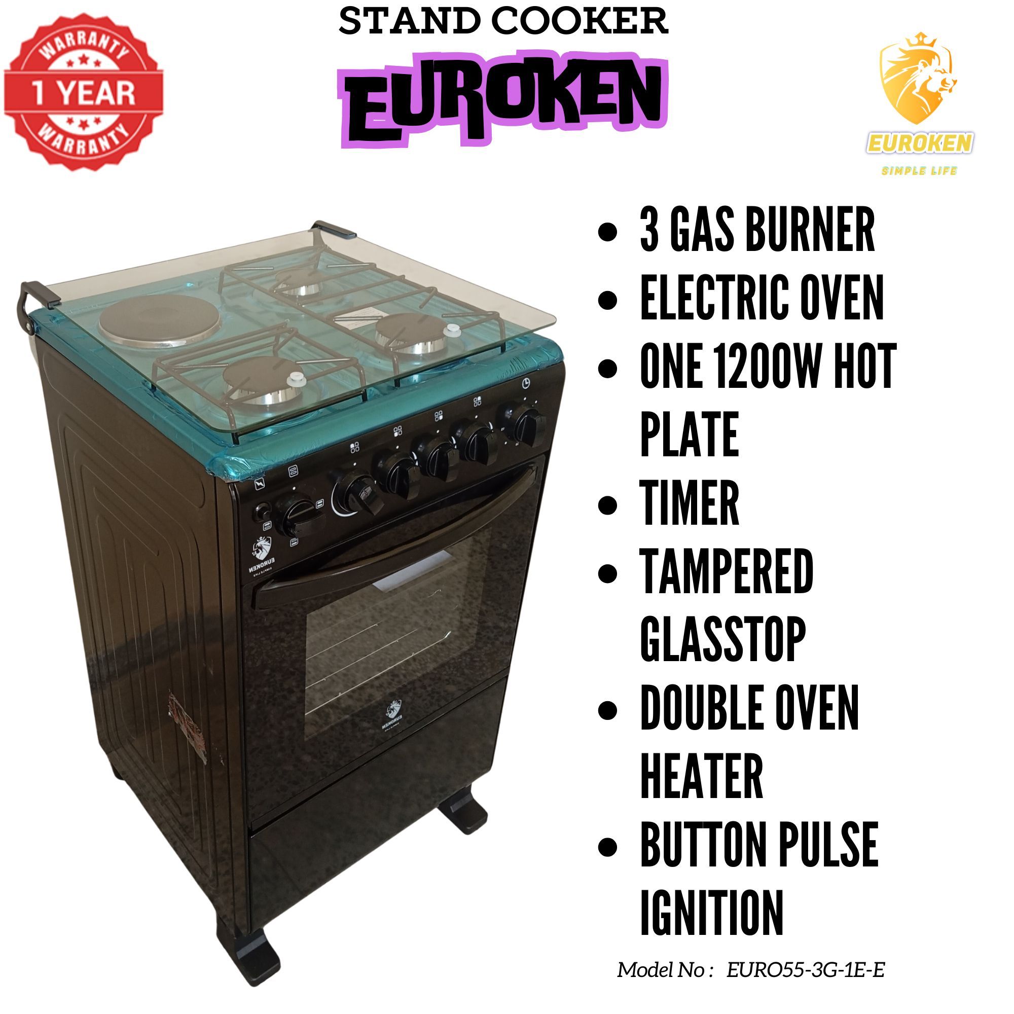 【LIMITED OFFER】 Euroken Euro55-3G1E-E  50L Home Improvement   Free Standing  Gas Cooker 3 GAS +1 Hot plate Kitchen Appliance with electric oven - 50X55CM