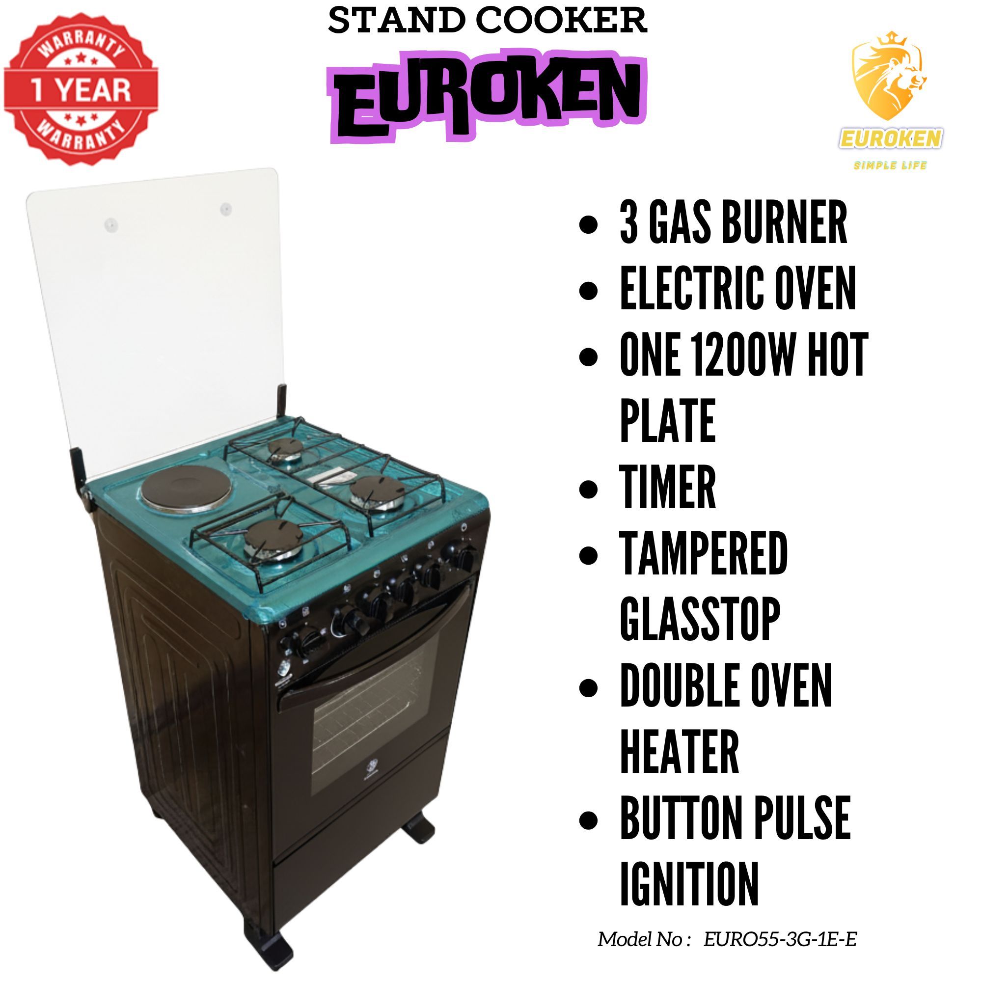【LIMITED OFFER】 Euroken Euro55-3G1E-E  50L Home Improvement   Free Standing  Gas Cooker 3 GAS +1 Hot plate Kitchen Appliance with electric oven - 50X55CM