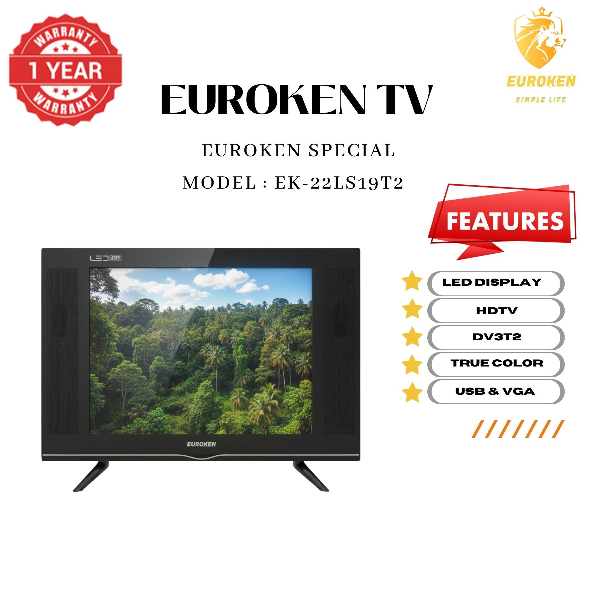 【Limited Offer】 EUROKEN EK-22LS19T2 19" INCH FULL SCREEN DISPLAY TELEVISION AC/DC DIGITAL LED TV WITH INBUILT DECODER FOR LOCAL CHANNELS WIDE COLOR ENHANCER, USB HDMI PORTS
