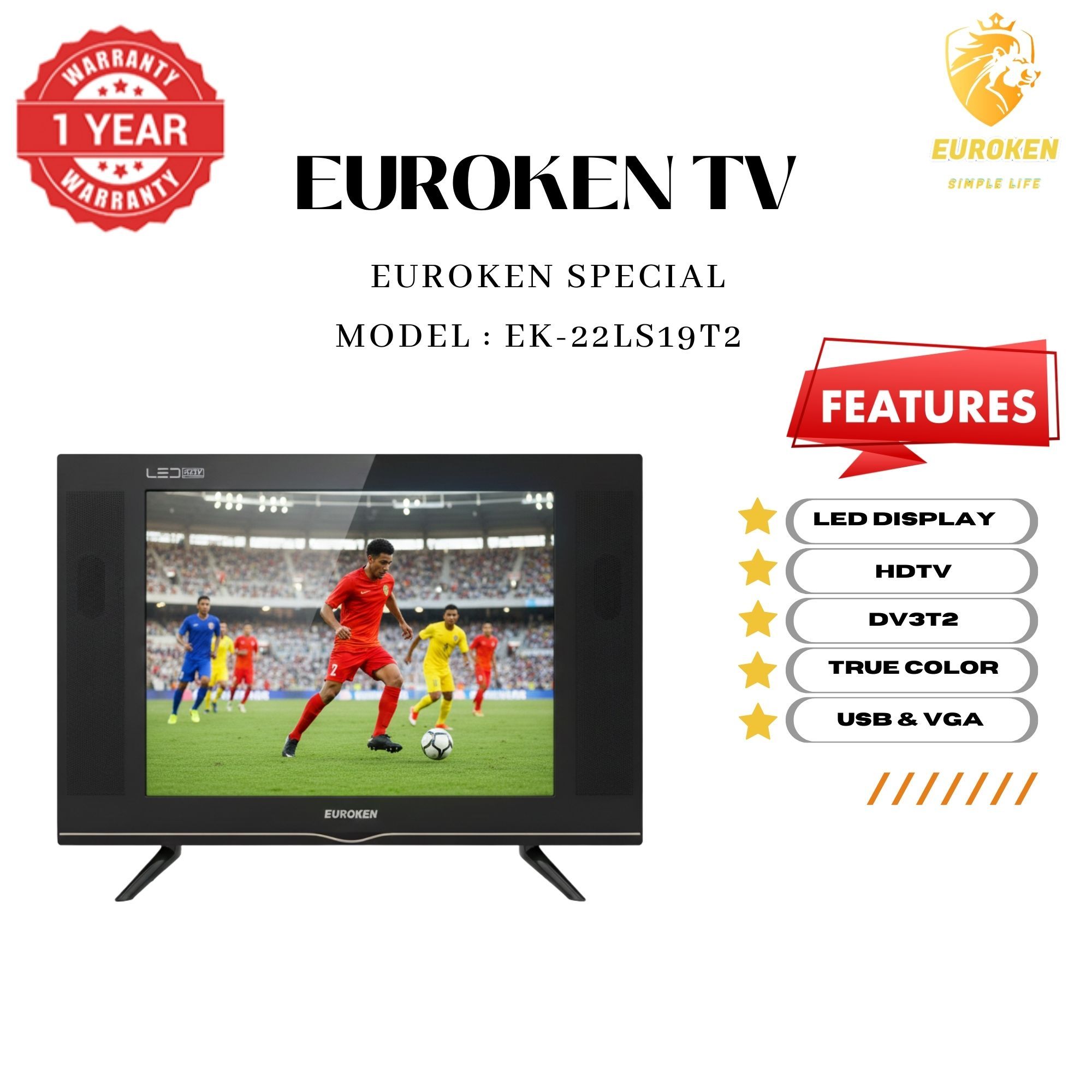 【Limited Offer】 EUROKEN EK-22LS19T2 19" INCH FULL SCREEN DISPLAY TELEVISION AC/DC DIGITAL LED TV WITH INBUILT DECODER FOR LOCAL CHANNELS WIDE COLOR ENHANCER, USB HDMI PORTS