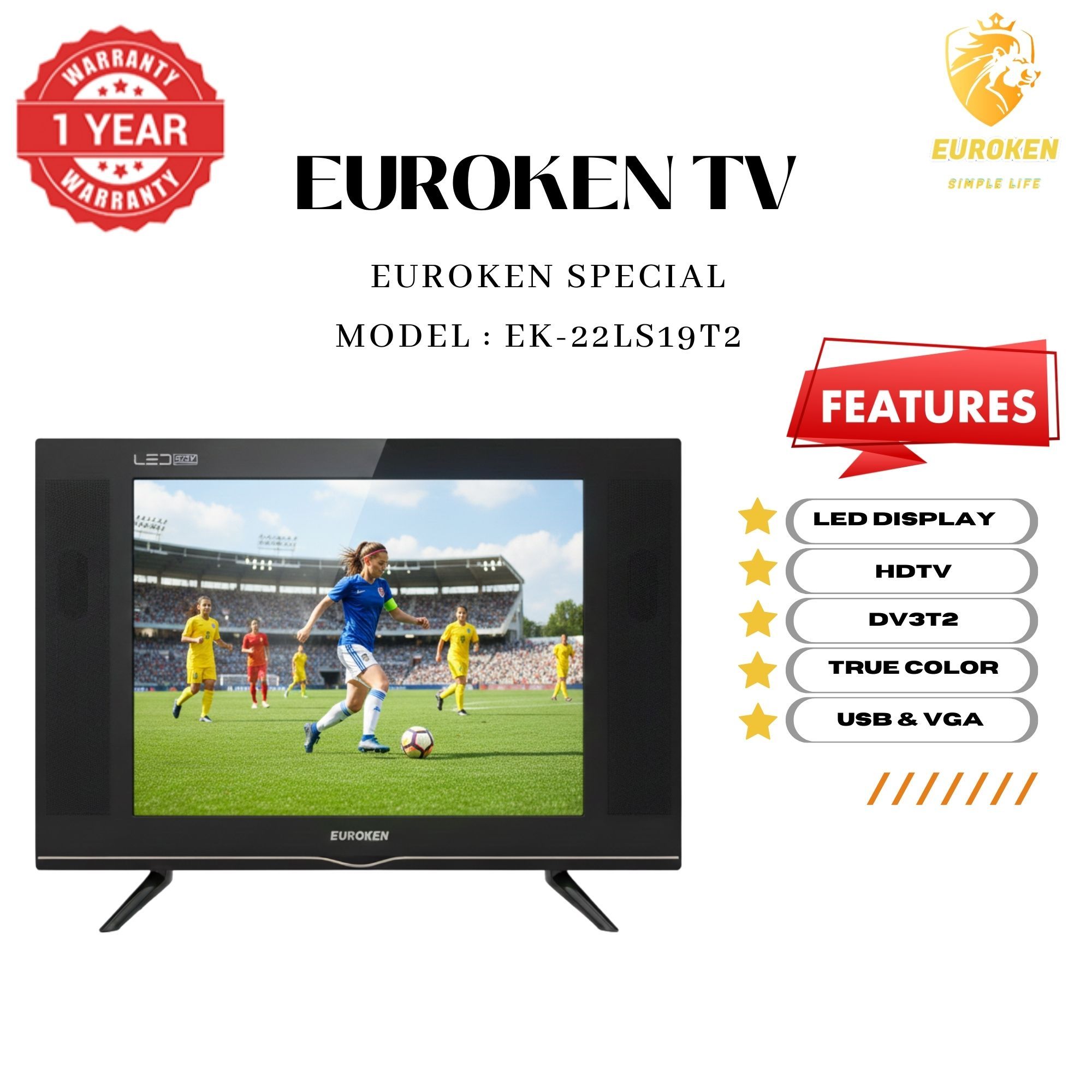 【Limited Offer】 EUROKEN EK-22LS19T2 19" INCH FULL SCREEN DISPLAY TELEVISION AC/DC DIGITAL LED TV WITH INBUILT DECODER FOR LOCAL CHANNELS WIDE COLOR ENHANCER, USB HDMI PORTS