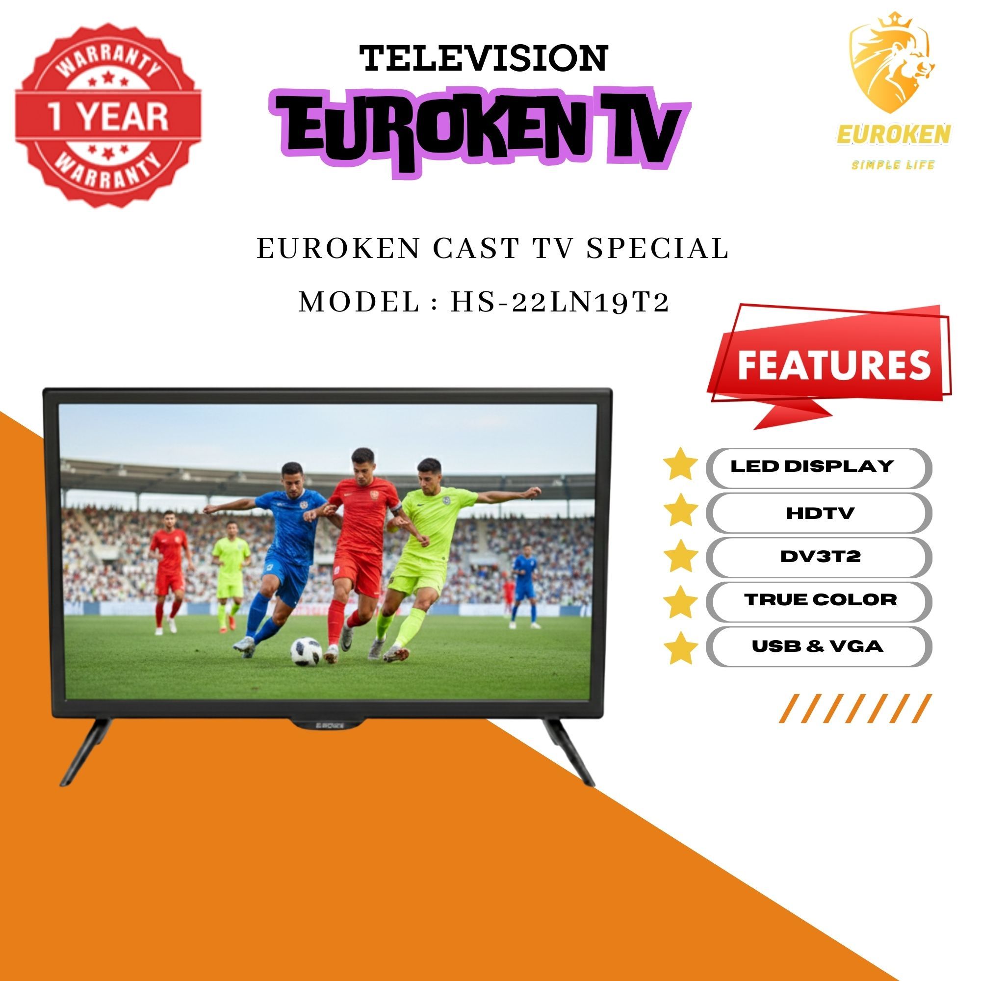 【Limited Offer】 EUROKEN HS-22LN19T2 19" INCH FULL SCREEN DISPLAY TELEVISION AC/DC DIGITAL LED TV WITH INBUILT DECODER FOR LOCAL CHANNELS WIDE  COLOR ENHANCER, USB HDMI PORTS