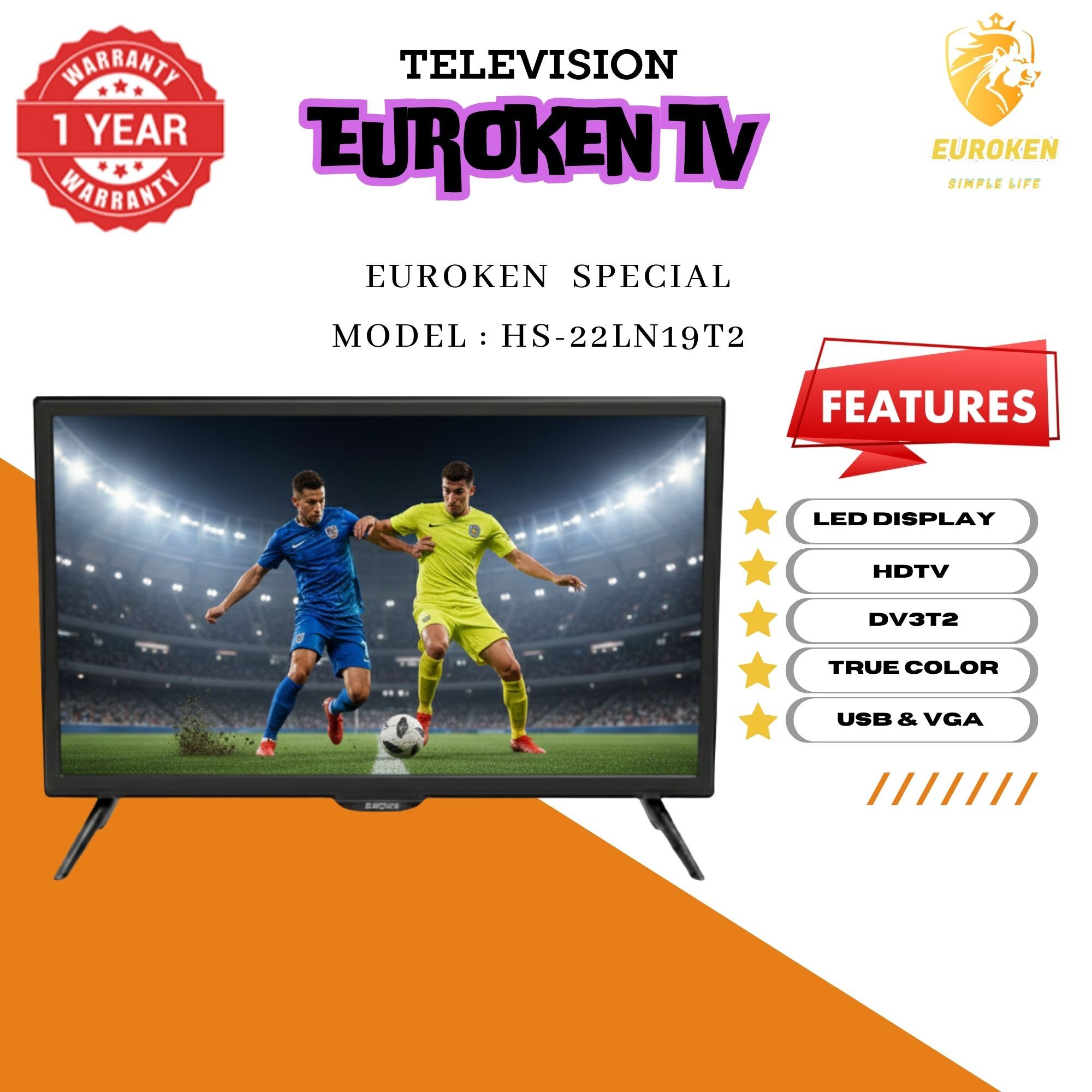【Limited Offer】 EUROKEN HS-22LN19T2 19" INCH FULL SCREEN DISPLAY TELEVISION AC/DC DIGITAL LED TV WITH INBUILT DECODER FOR LOCAL CHANNELS WIDE  COLOR ENHANCER, USB HDMI PORTS