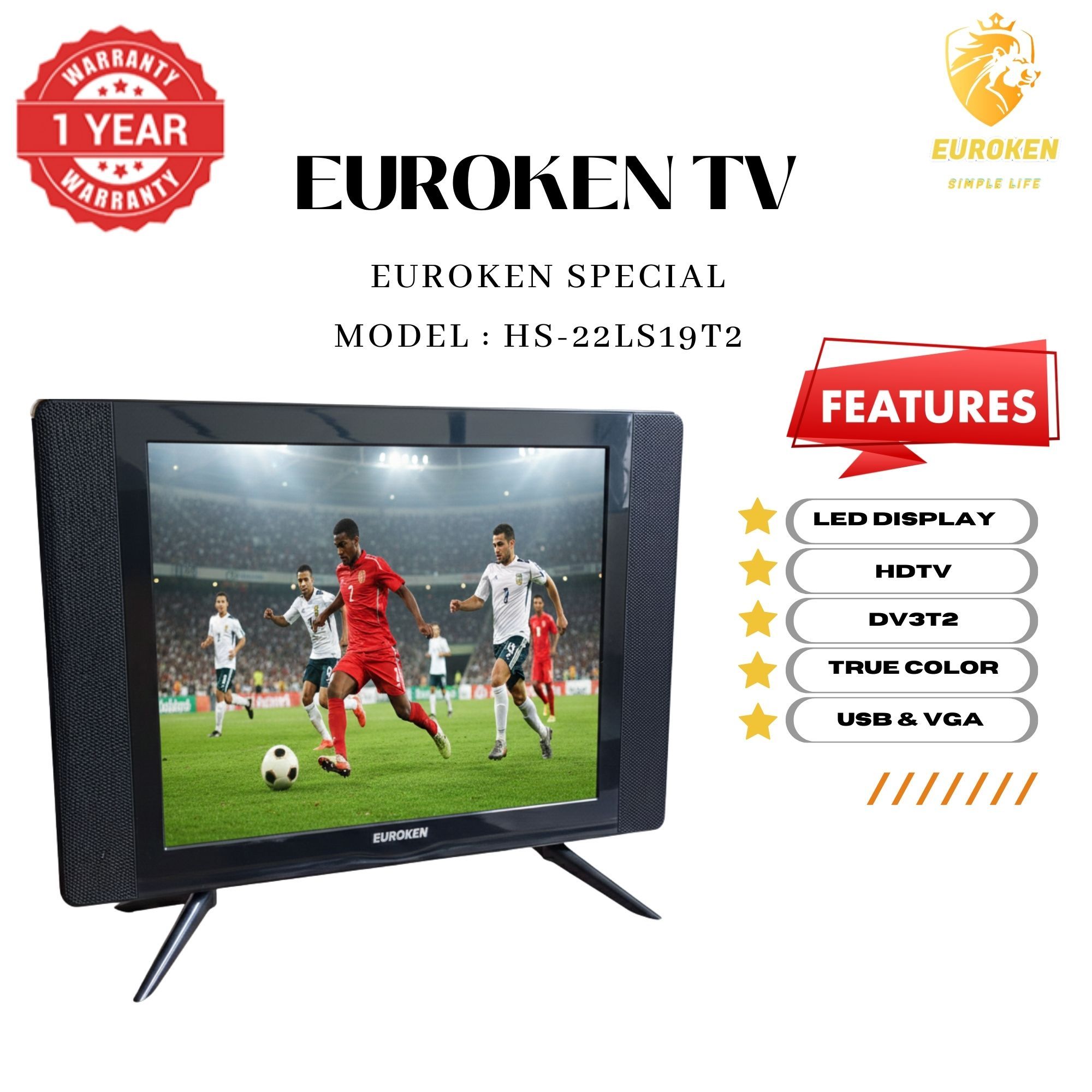 【Limited Offer】 EUROKEN HS-22LS19T2 19" INCH FULL SCREEN DISPLAY TELEVISION AC/DC DIGITAL LED TV WITH INBUILT DECODER FOR LOCAL CHANNELS WIDE COLOR ENHANCER, USB HDMI PORTS
