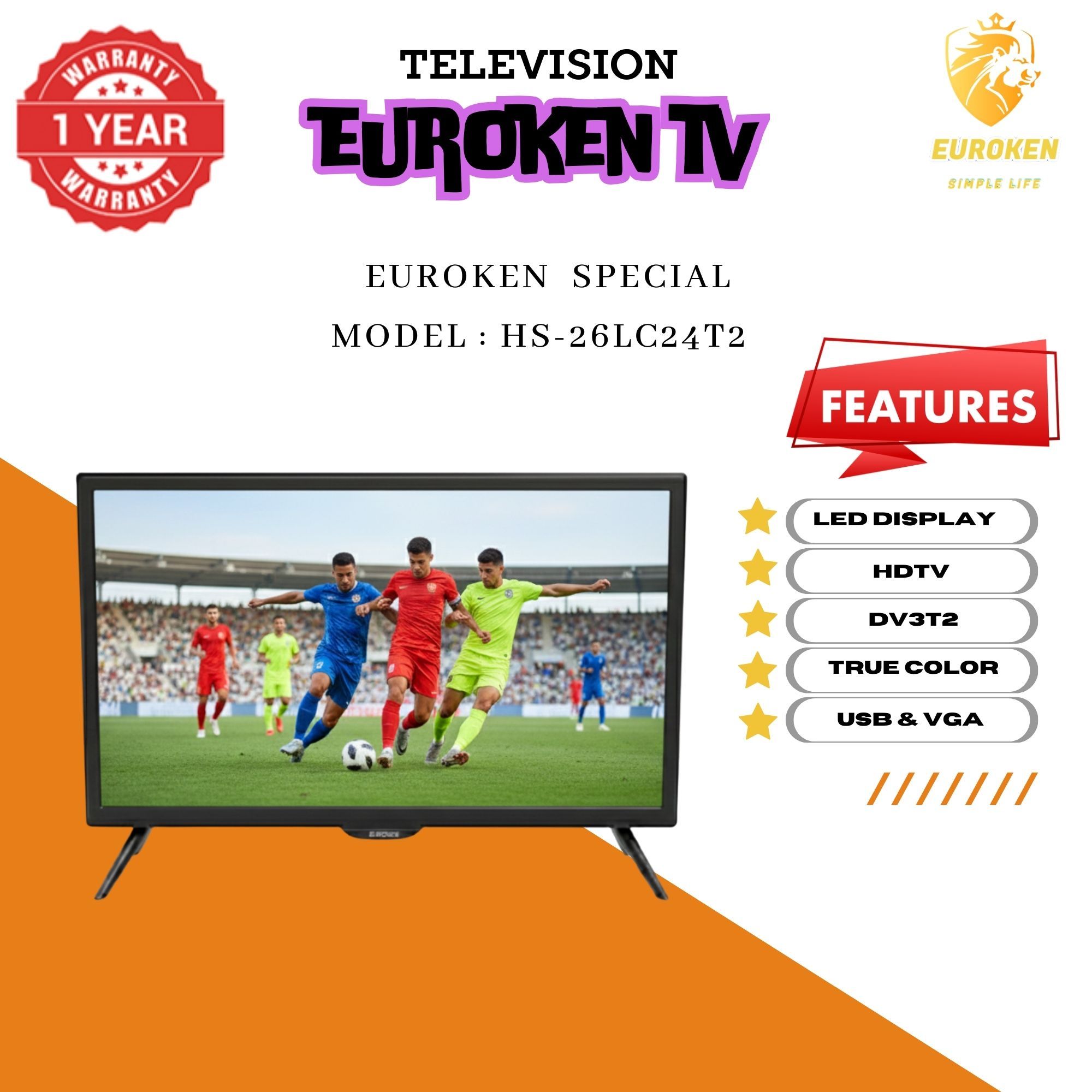 【Limited Offer】 EUROKEN  HS-26LC24T2 24" INCH FULL SCREEN DISPLAY TELEVISION AC/DC DIGITAL LED TV WITH INBUILT DECODER FOR LOCAL CHANNELS WIDE COLOR ENHANCER, USB HDMI PORTS