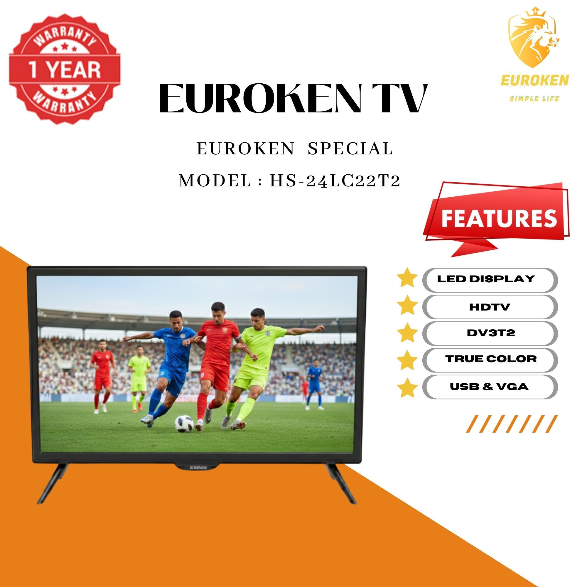 【Limited Offer】 EUROKEN HS-24LC22T2 22" INCH FULL SCREEN DISPLAY TELEVISION AC/DC DIGITAL LED TV WITH INBUILT DECODER FOR LOCAL CHANNELS WIDE COLOR ENHANCER, USB HDMI PORTS