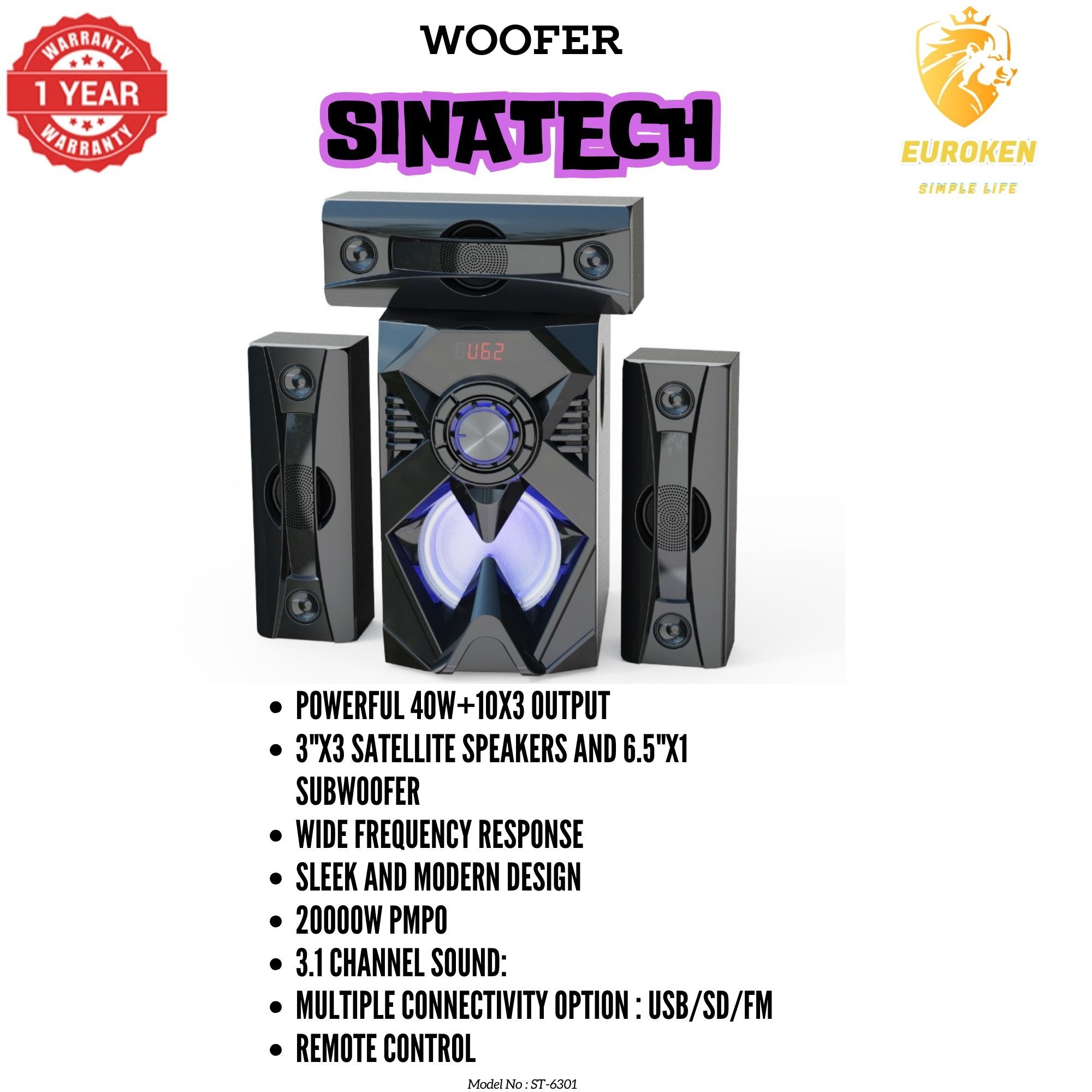 【Exclusive Offer】 NEW SINATECH ST-6301 3.1CH Subwoofer Speaker 20,000W PMPO Woofer Home Theatre Audio Speaker System BLUETOOTH/FM/SD/USB With Remote Control
