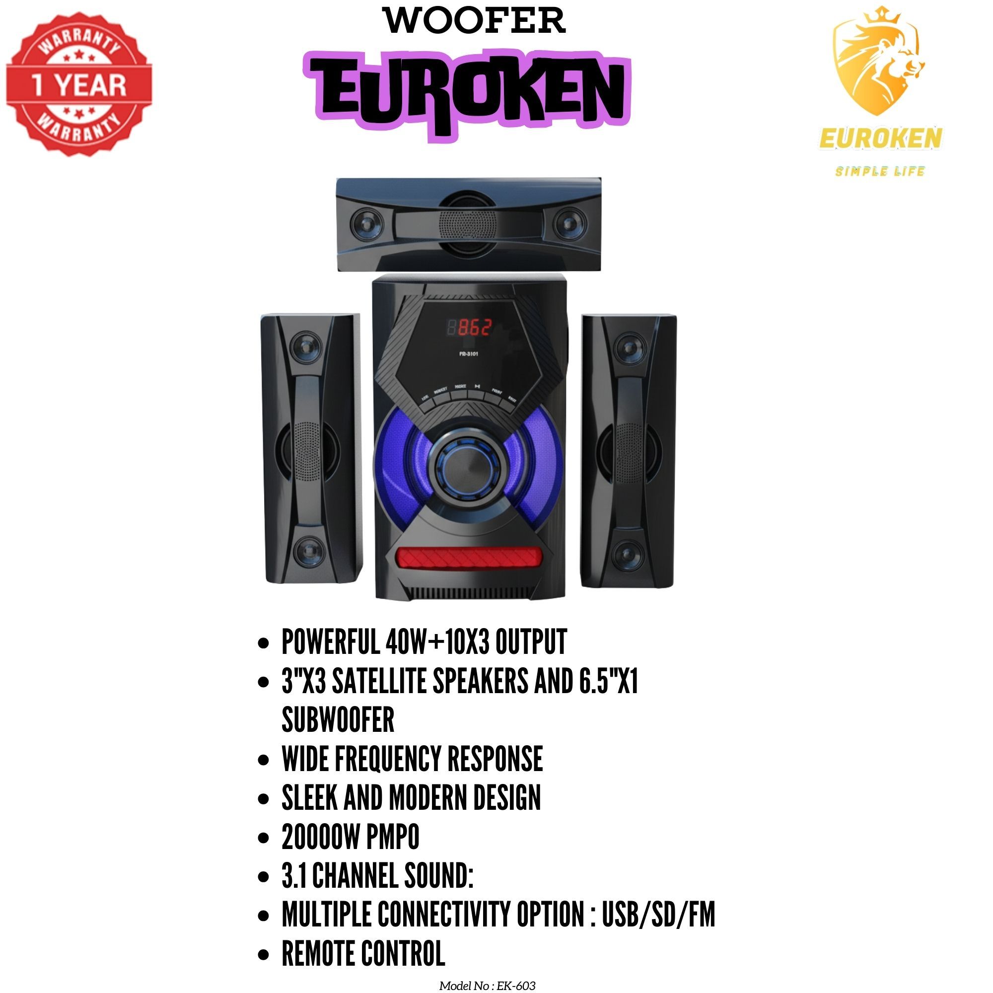 【Exclusive Offer】 NEW EUROKEN EK-603 3.1CH Subwoofer Speaker 20000W PMPO Woofer Home Theatre Audio Speaker System BLUETOOTH/FM/SD/USB With Remote Control