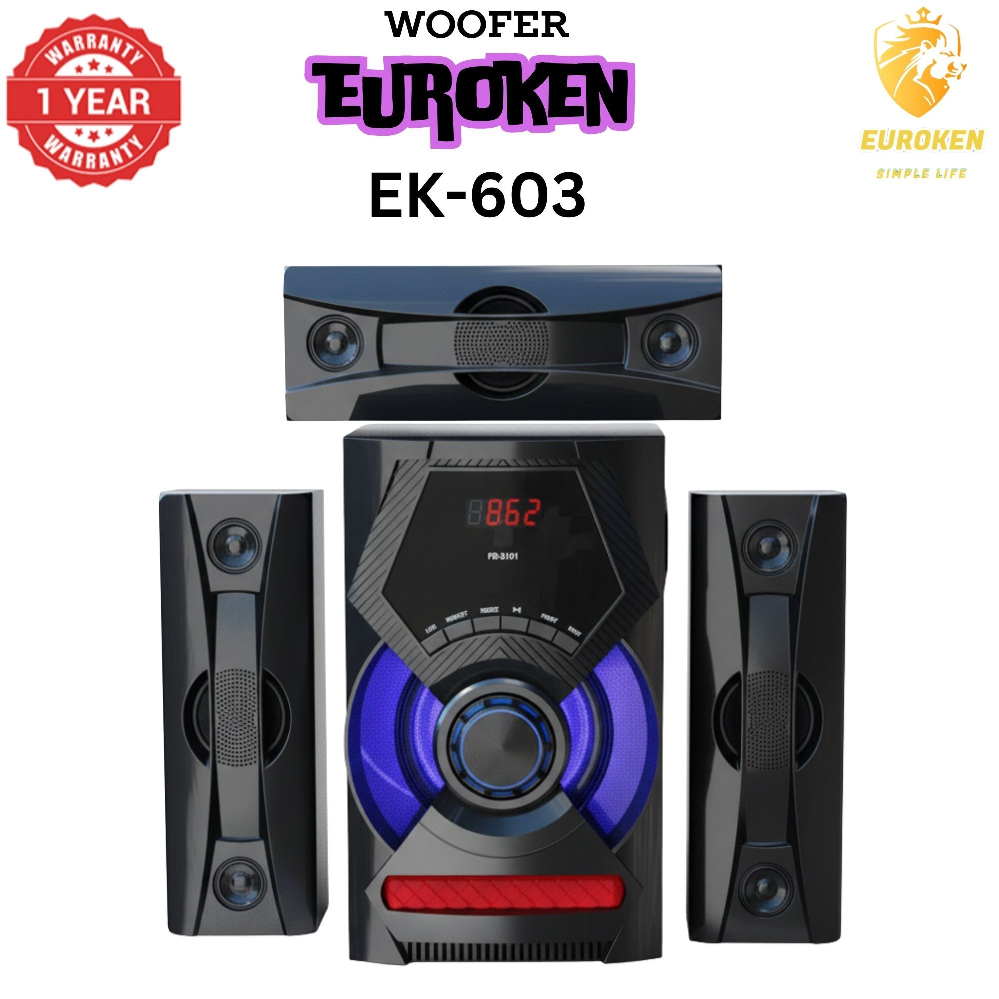 【Exclusive Offer】 NEW EUROKEN EK-603 3.1CH Subwoofer Speaker 20000W PMPO Woofer Home Theatre Audio Speaker System BLUETOOTH/FM/SD/USB With Remote Control