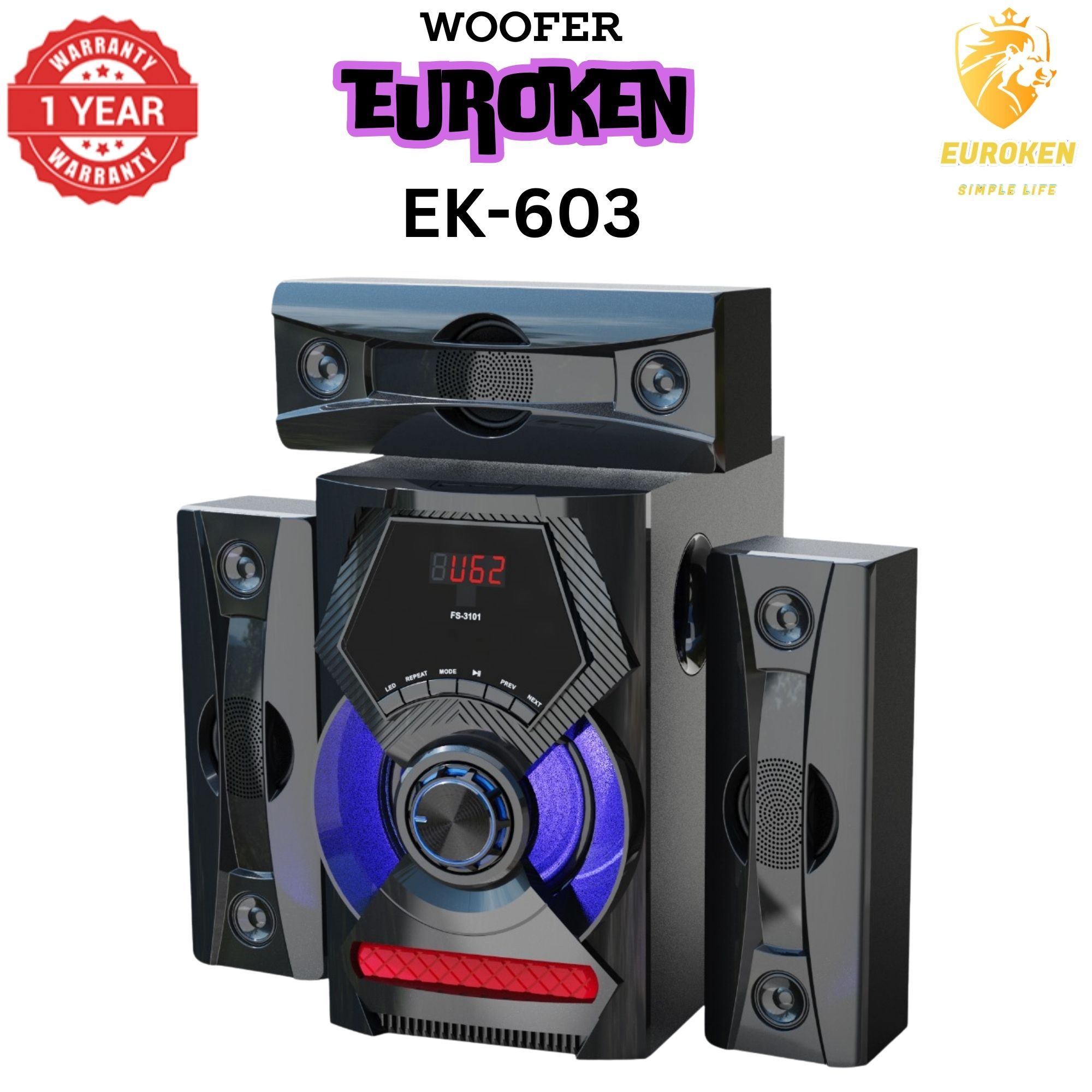 【Exclusive Offer】 NEW EUROKEN EK-603 3.1CH Subwoofer Speaker 20000W PMPO Woofer Home Theatre Audio Speaker System BLUETOOTH/FM/SD/USB With Remote Control