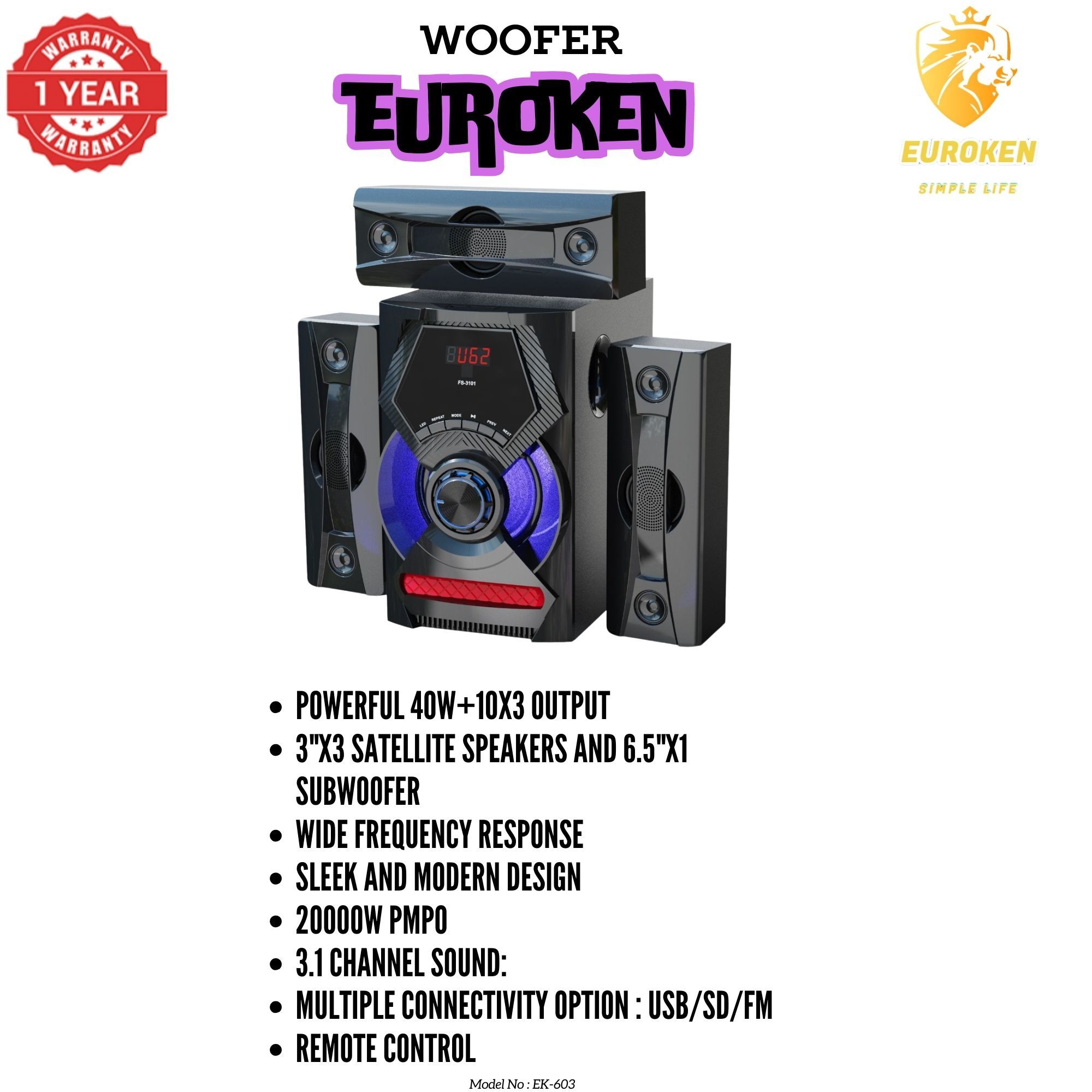 【Exclusive Offer】 NEW EUROKEN EK-603 3.1CH Subwoofer Speaker 20000W PMPO Woofer Home Theatre Audio Speaker System BLUETOOTH/FM/SD/USB With Remote Control