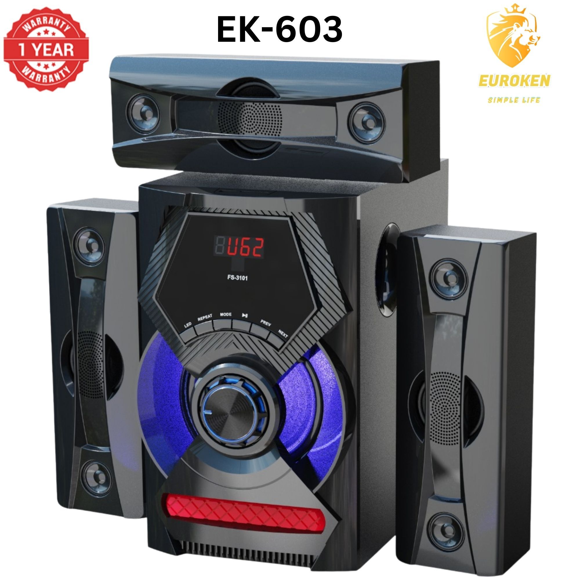 【Exclusive Offer】 NEW EUROKEN EK-603 3.1CH Subwoofer Speaker 20000W PMPO Woofer Home Theatre Audio Speaker System BLUETOOTH/FM/SD/USB With Remote Control